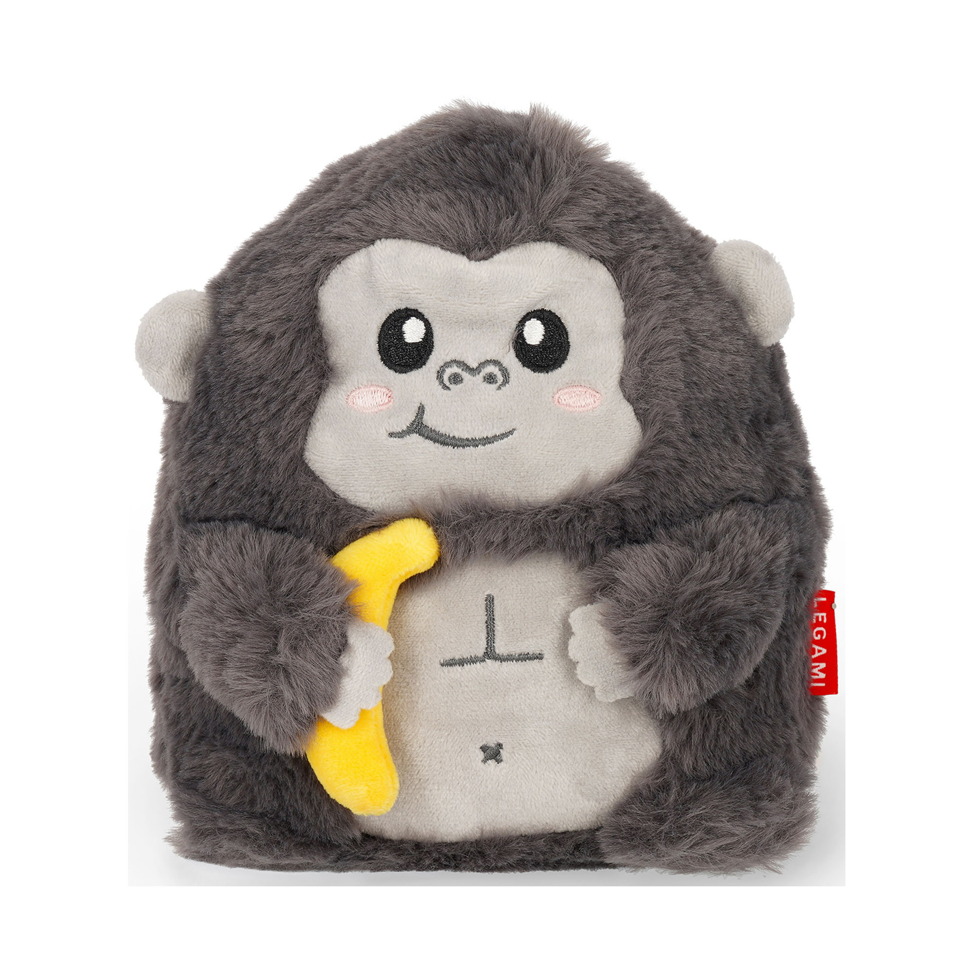 Graues Gorilla-Plüschtier mit gelber Banane, frontal auf weißem Hintergrund dargestellt.