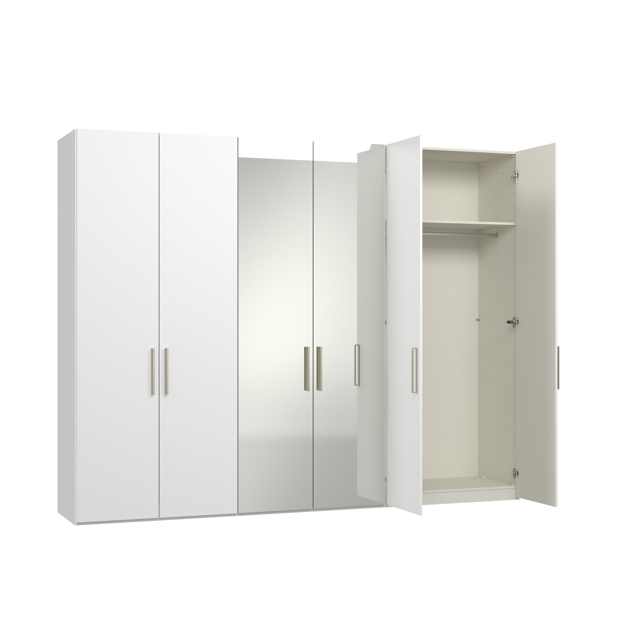 Drehtürenschrank mit teilweise geöffneten Türen und sichtbaren Innenfächern