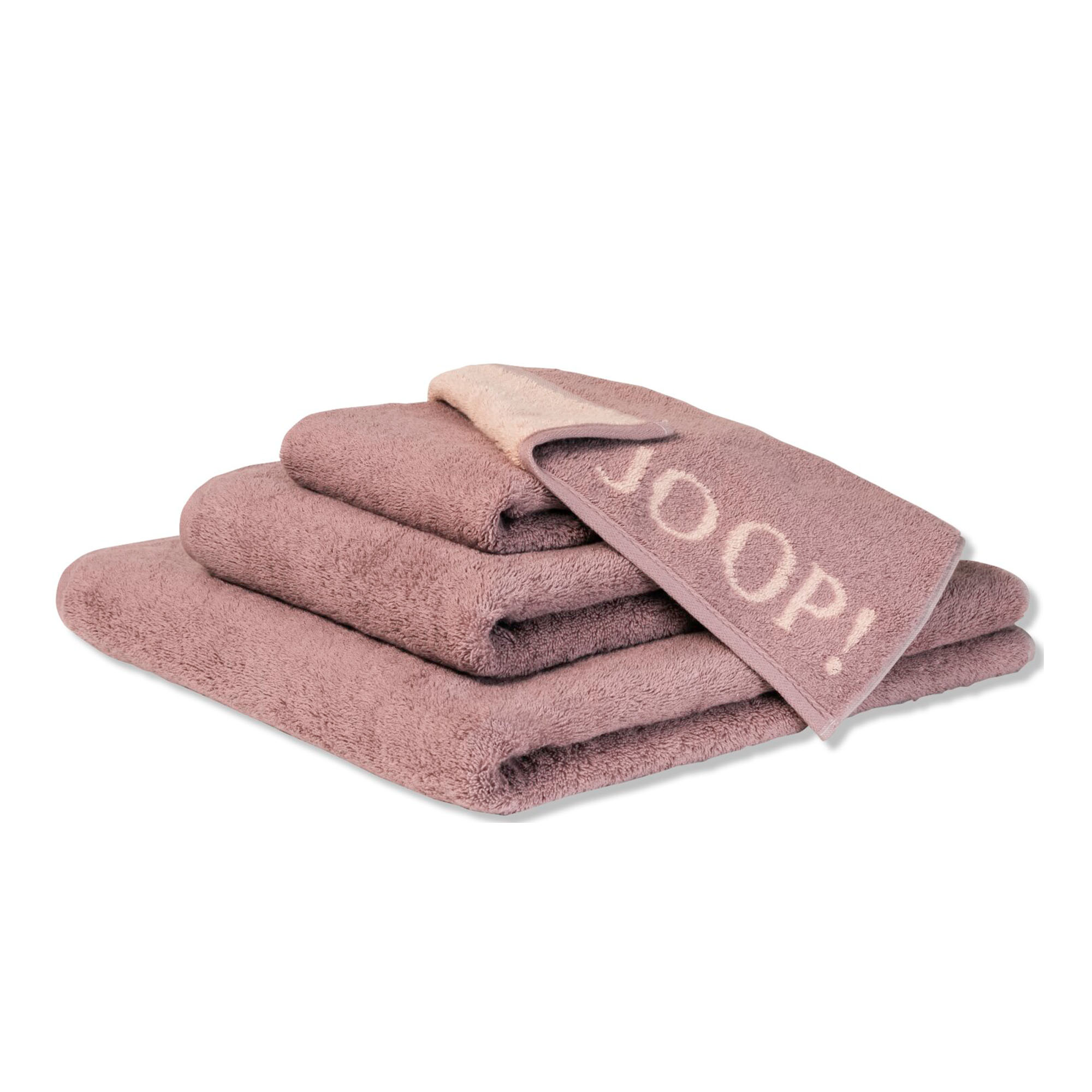 Gefaltete Darstellung zum JOOP! Doubleface Gästetuch in Rose, 30 × 50 cm: mehrere farblich passende Tücher liegen gestapelt, oben mit sichtbarem JOOP!-Schriftzug.