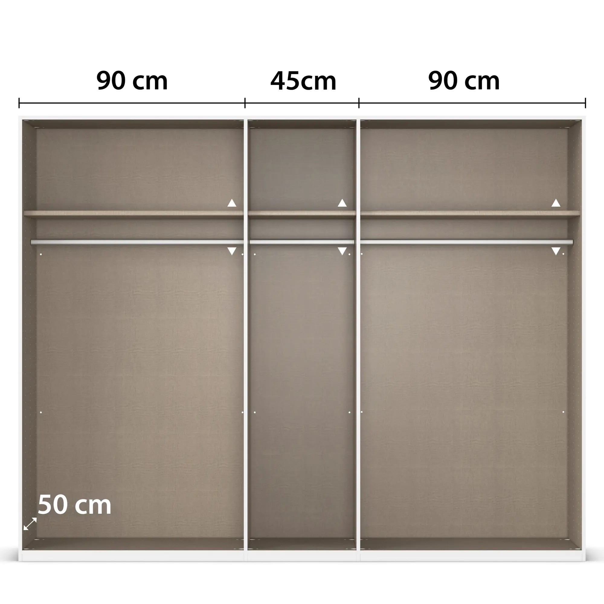 Innenansicht eines 5-türigen Kleiderschranks mit drei Fächern, Kleiderstangen und Einlegeböden, mittleres Fach 45 cm breit