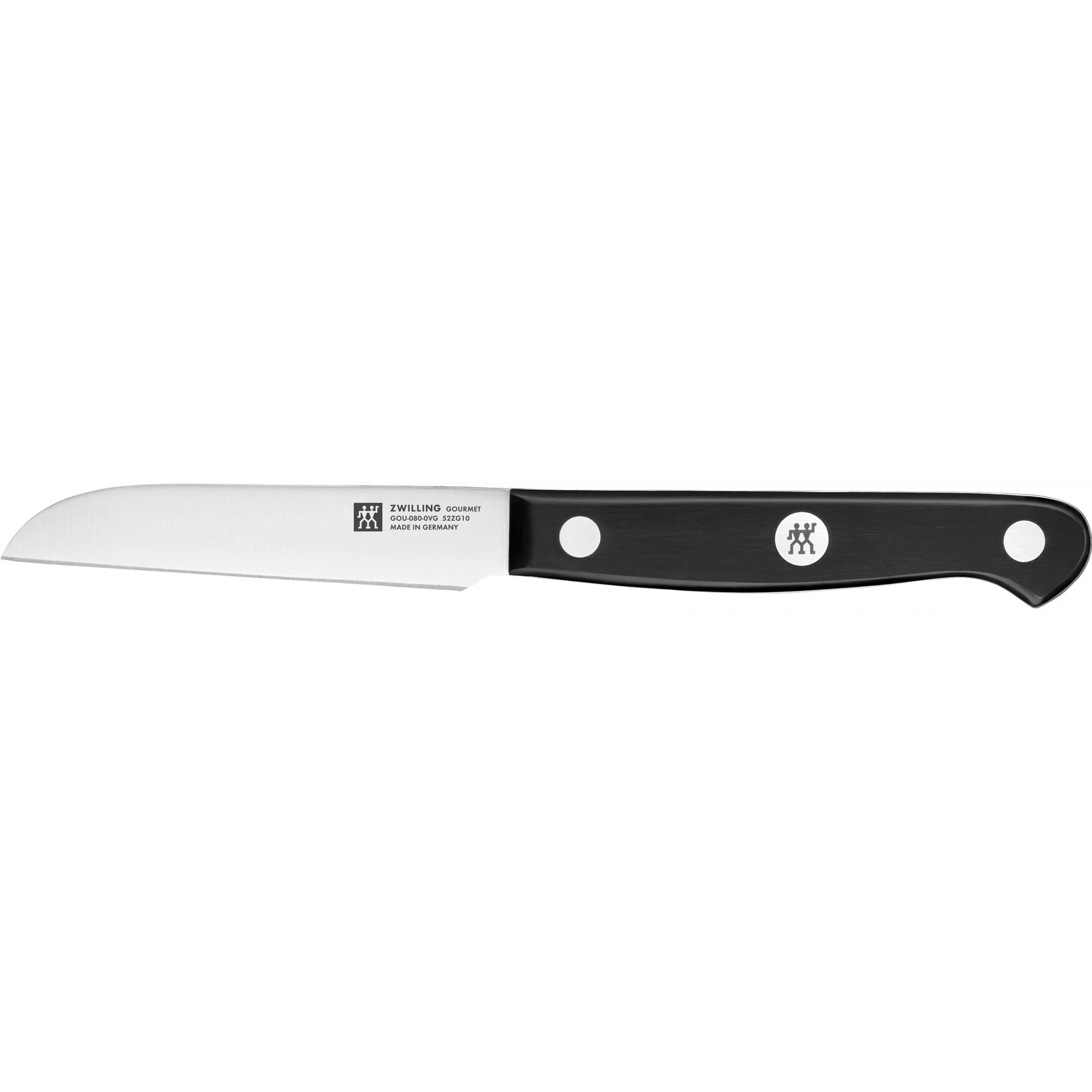 Kleines Gemüsemesser mit kurzer Klinge, Serie Gourmet von ZWILLING, Klingenlänge 80 mm, freigestellt auf weißem Hintergrund.