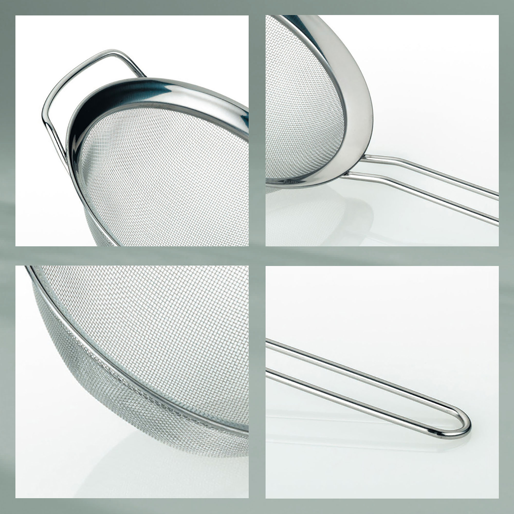 Collage mit Siebrand feinmaschigem Gewebe Griffansatz und langem Metallgriff des Küchensiebs