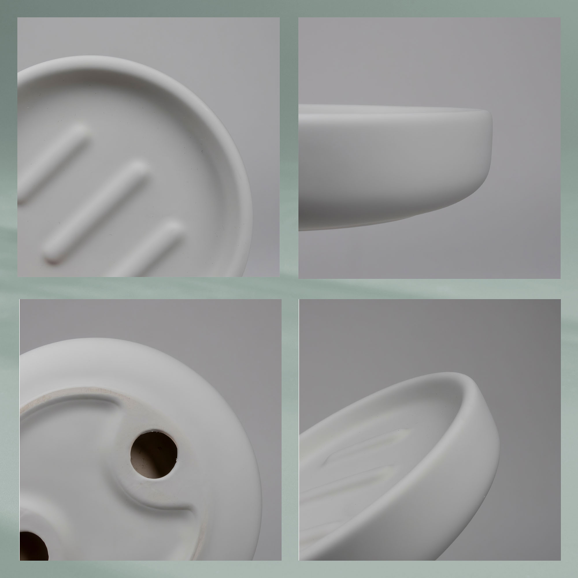 Collage mit Detailansichten von grauer Seifenschale Rillen Ablaufloch und abgerundeter Seitenform