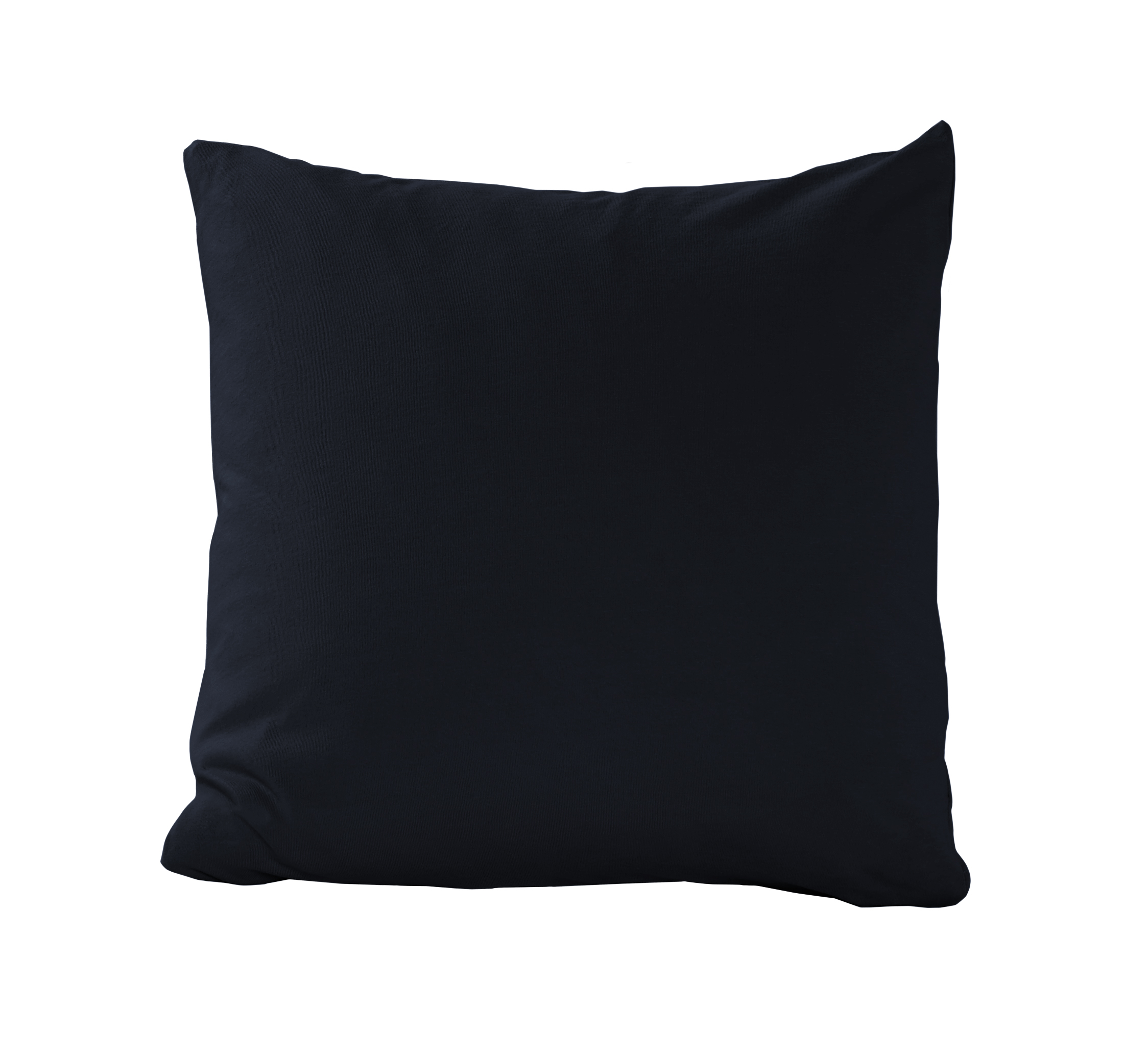 Quadratischen Kissen mit Bezug in Schwarz, vollständig in frontaler Ansicht vor weißem Hintergrund dargestellt; Größe 40 x 40 cm.