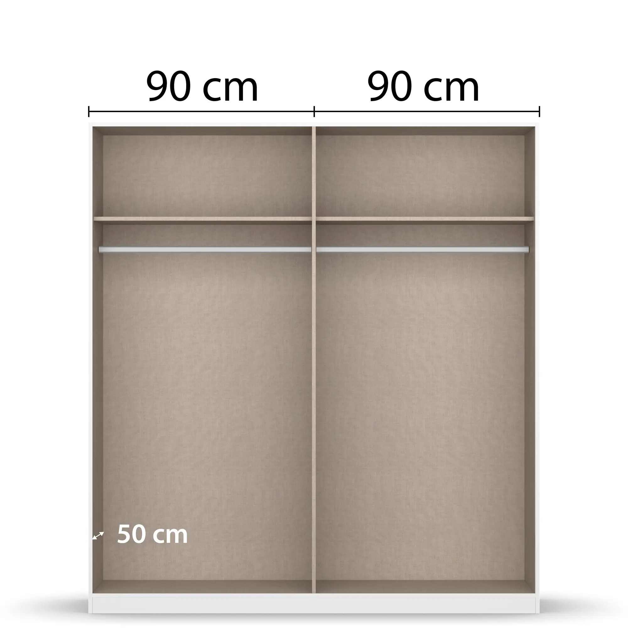 Innenansicht eines 4-türigen Kleiderschranks mit zwei Bereichen, Einlegeböden und Kleiderstangen, jeweils 90 cm breit