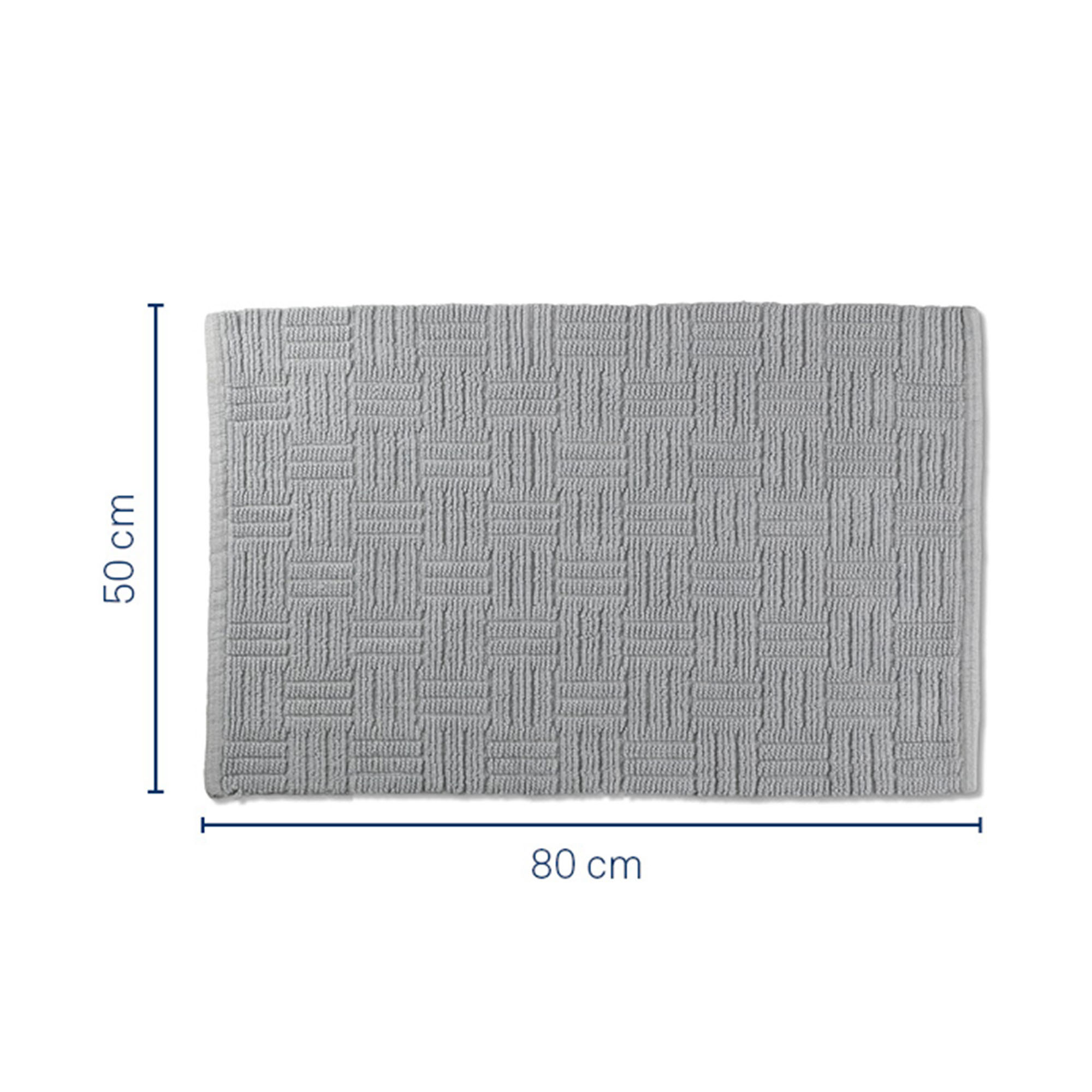 Graue Darstellung der Leana-Badematte mit eingezeichneten Maßen von 50 cm Breite und 80 cm Länge.