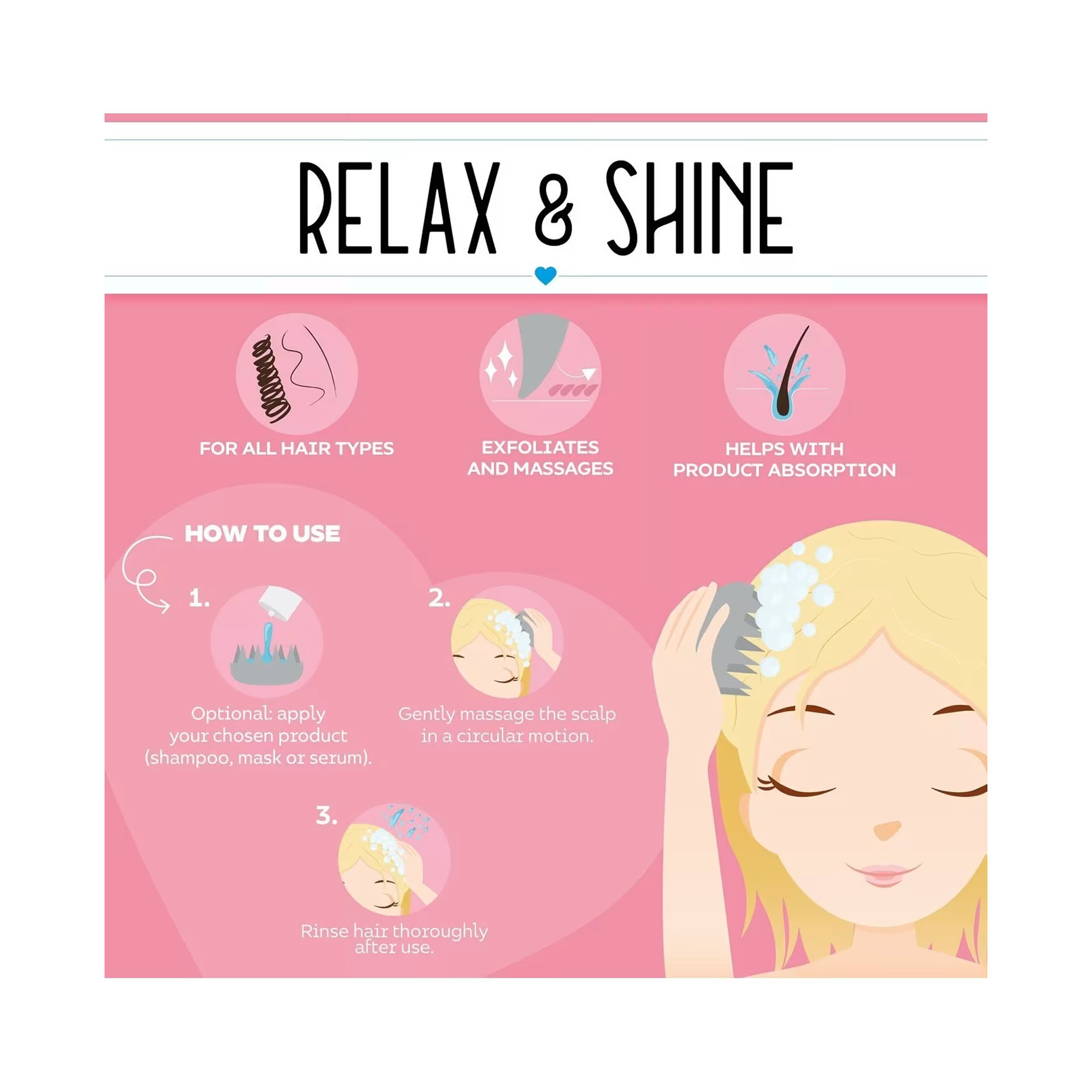 Graue Kopfhaut- und Shampoobürste im Katzen-Design, in einer zweiten Ansicht der rosa Anwendungsgrafik zu Massage und Haarwäsche gezeigt.