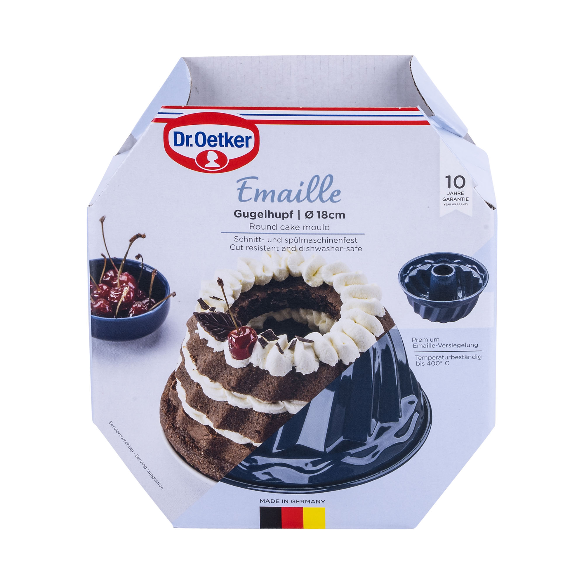 Verpackung der Gugelhupfform 18 cm aus Emaille von Dr Oetker mit Kuchenabbildung