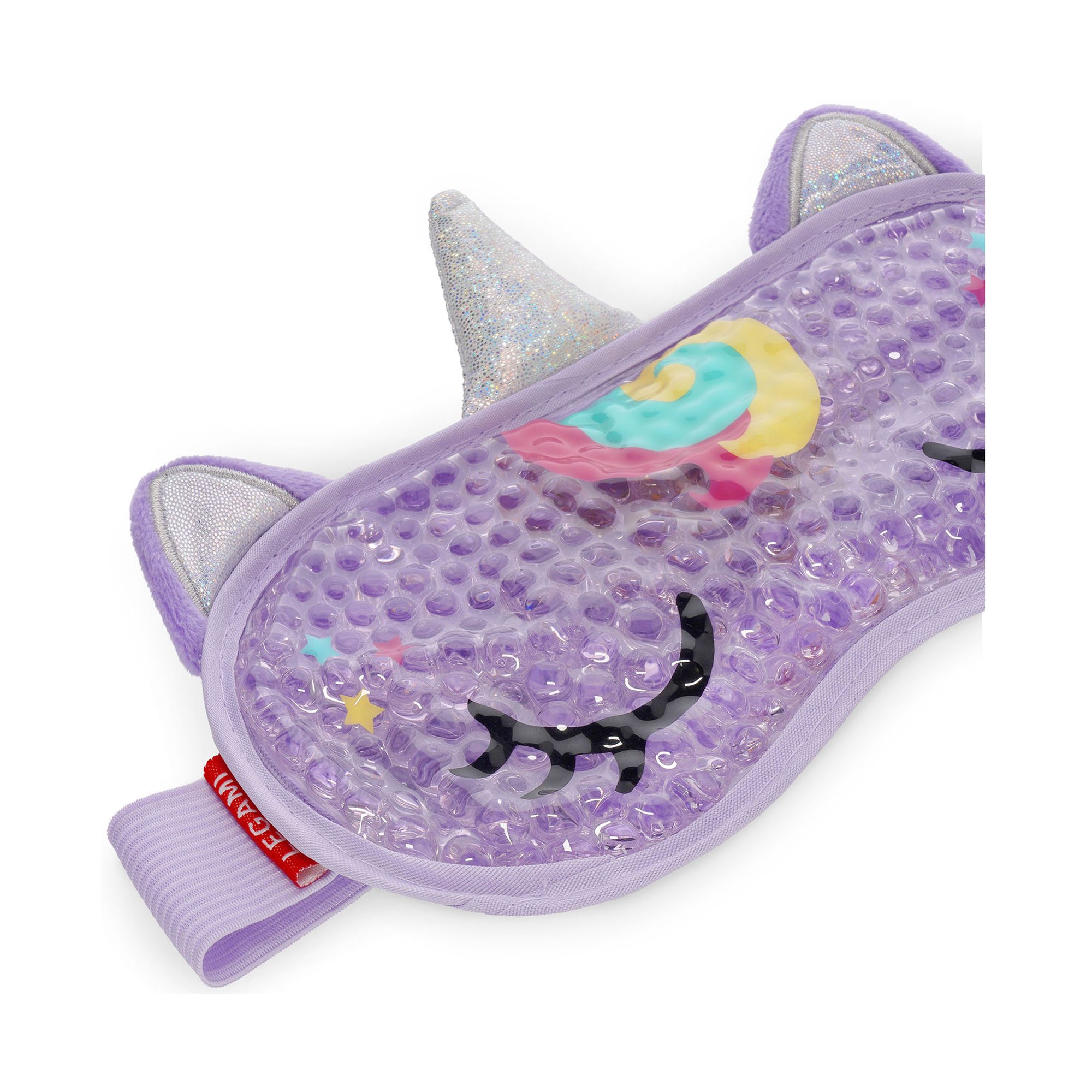 Lila Gel-Augenmaske im Einhorn-Design, schräg von vorn mit glänzender Geloberfläche dargestellt.