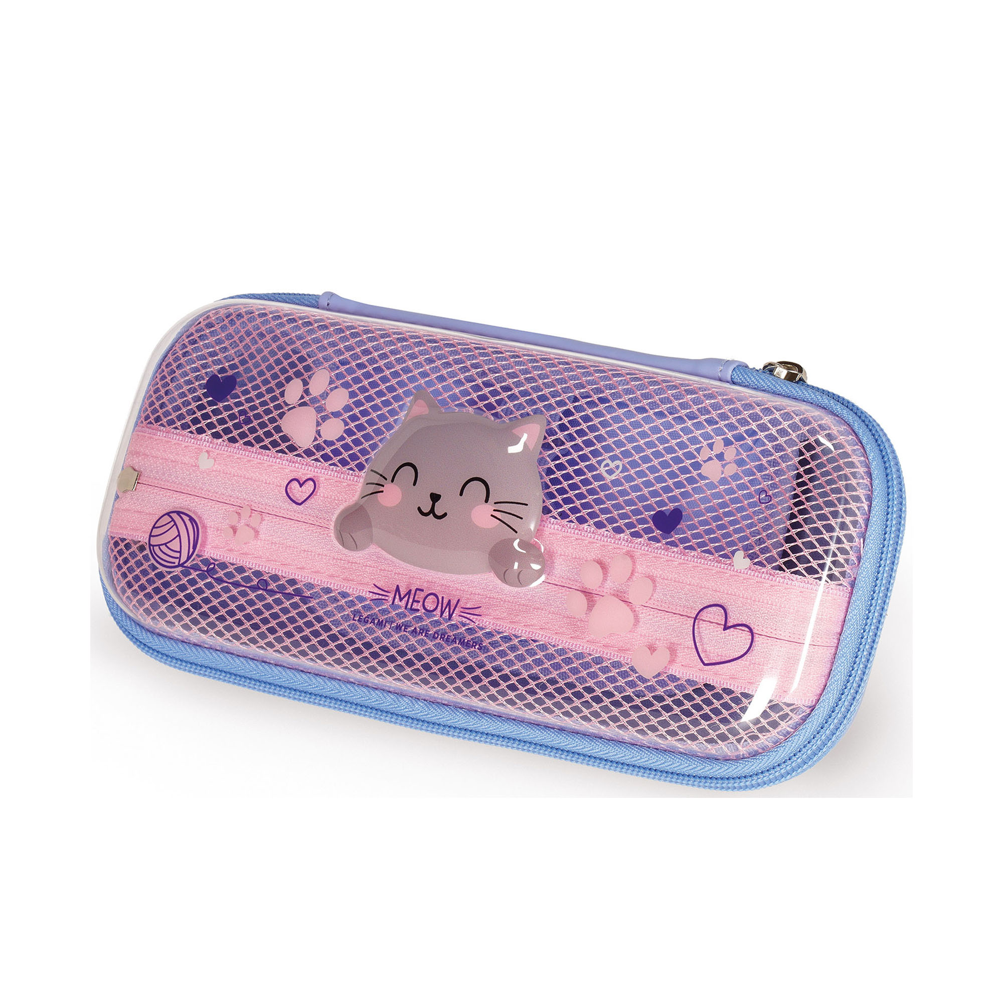 Lilafarbenes Federmäppchen im Katzen-Design, geschlossen in schräger Perspektive dargestellt.