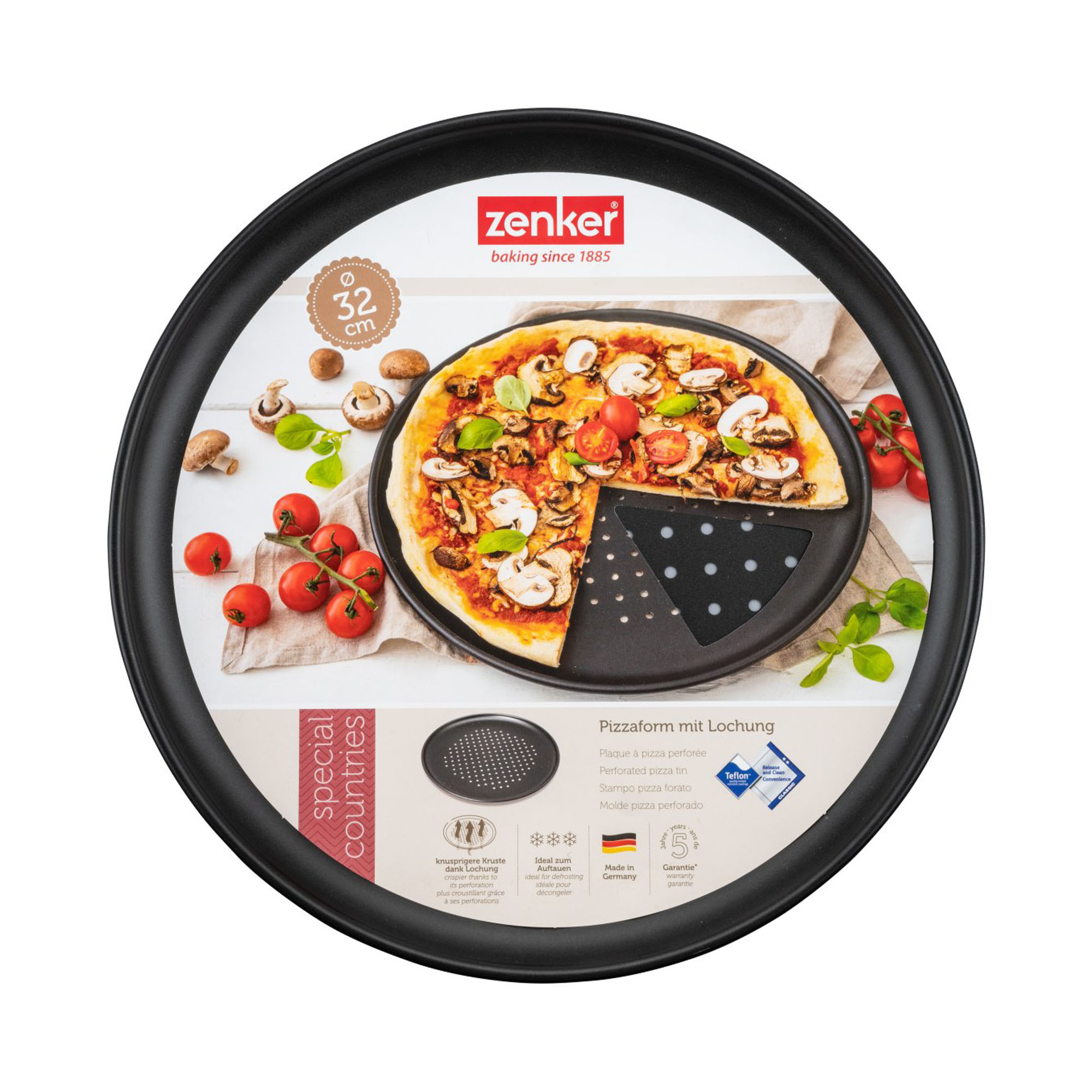 Rundes Pizzablech mit Verpackung und Abbildung einer belegten Pizza als Serviervorschlag