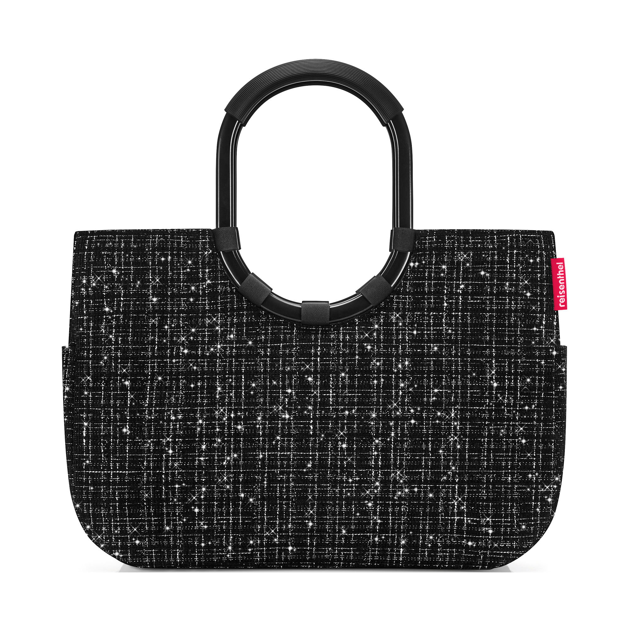 Shopper mit Ringgriffen von Reisenthel, Modell Loopshopper L, in Schwarz mit Bouclé-Struktur, von hinten mit ovalen Ringgriffen
