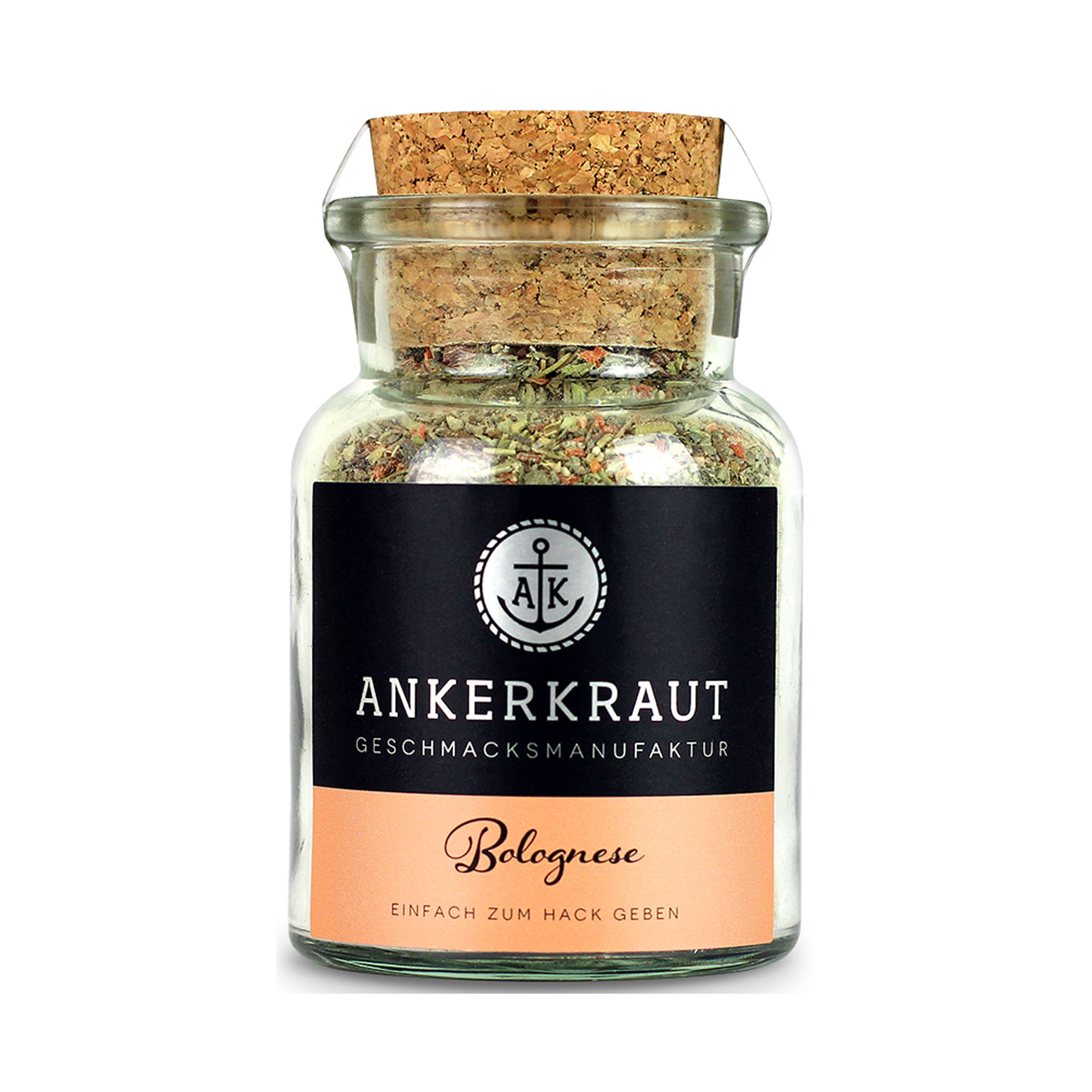 Ankerkraut Bolognese in einem kleinen Glas mit Korkverschluss. Vorn ist ein schwarzes Etikett mit orangefarbenem Namensfeld zu sehen.