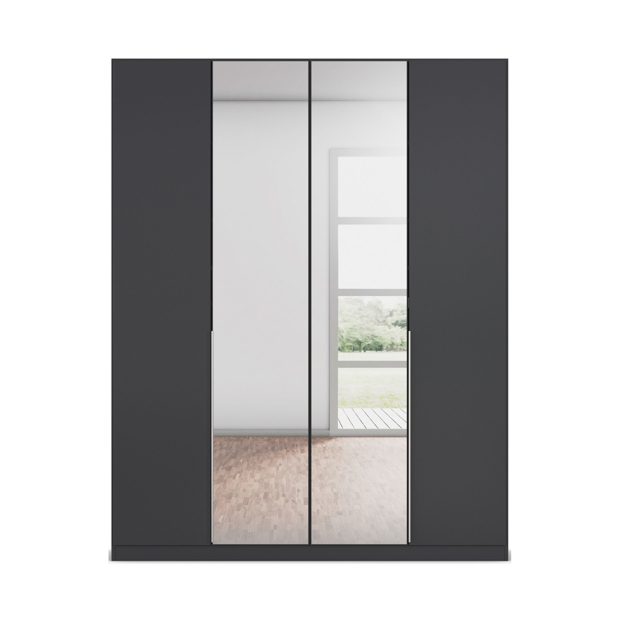 Frontansicht eines grau-metallicen 4-türigen Kleiderschranks mit durchgehender Spiegelfläche und minimalistischem Design