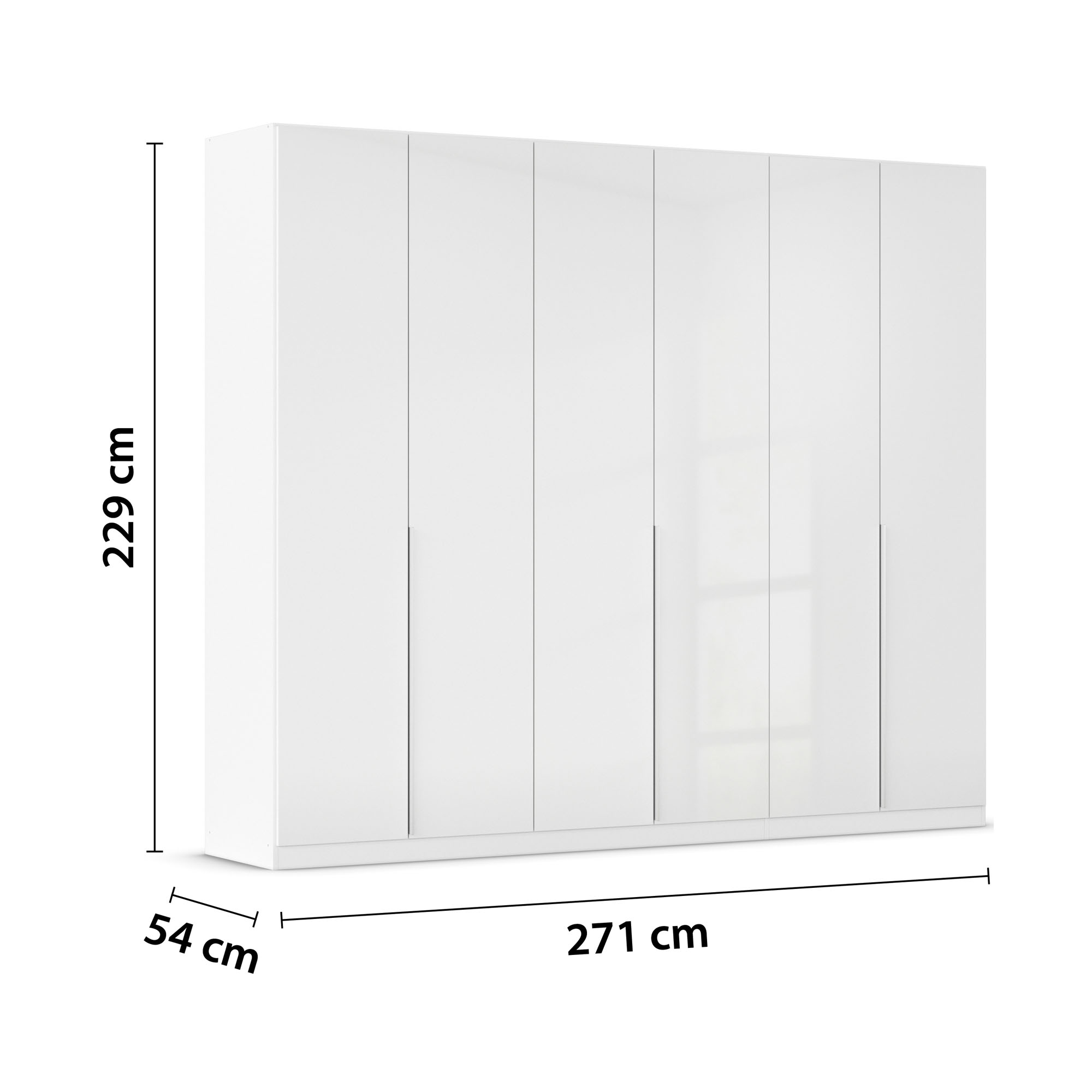 Weißer Drehtürenschrank in Hochglanz mit drei Türen und den Maßen 271 cm Breite, 229 cm Höhe und 54 cm Tiefe
