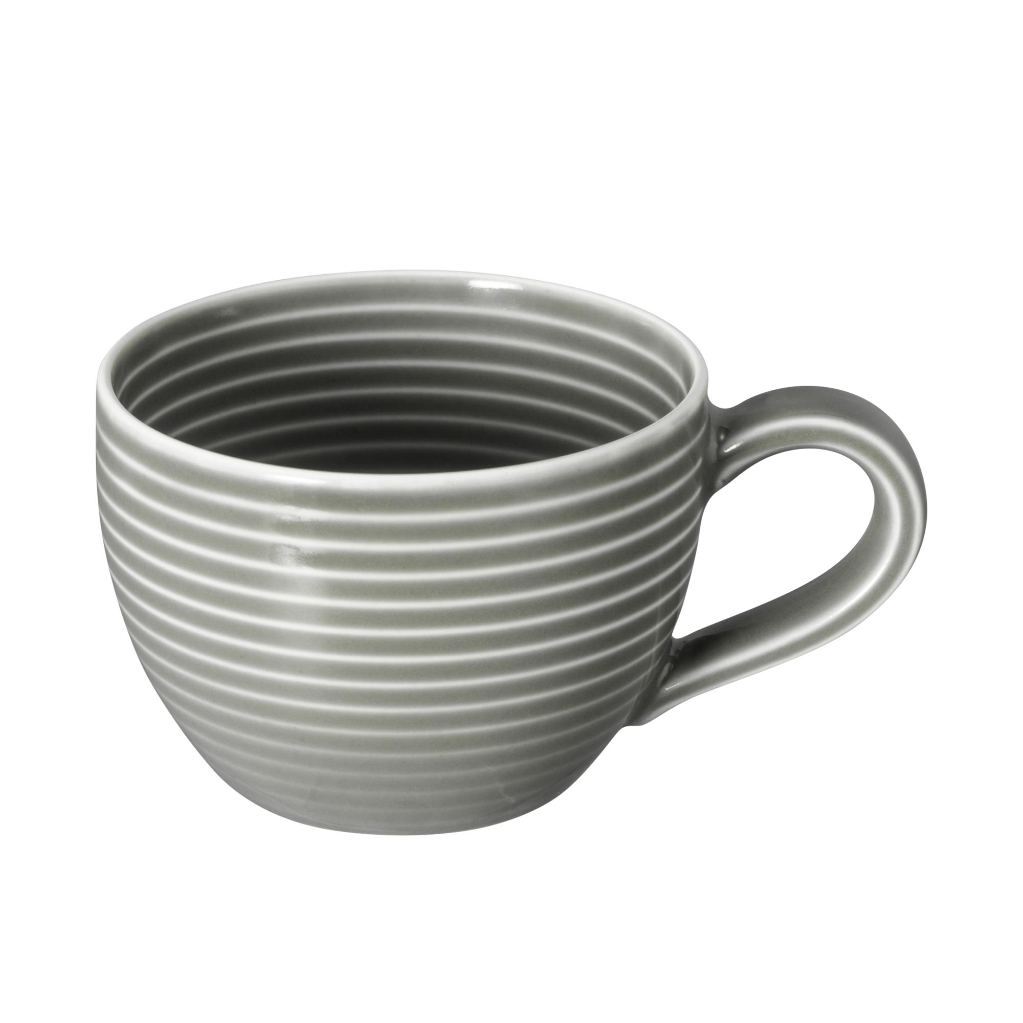Tasse in Dunkelgrau. Darstellung: schräge Ansicht mit Henkel. Merkmale: runde Form mit feinen waagerechten Rillen.