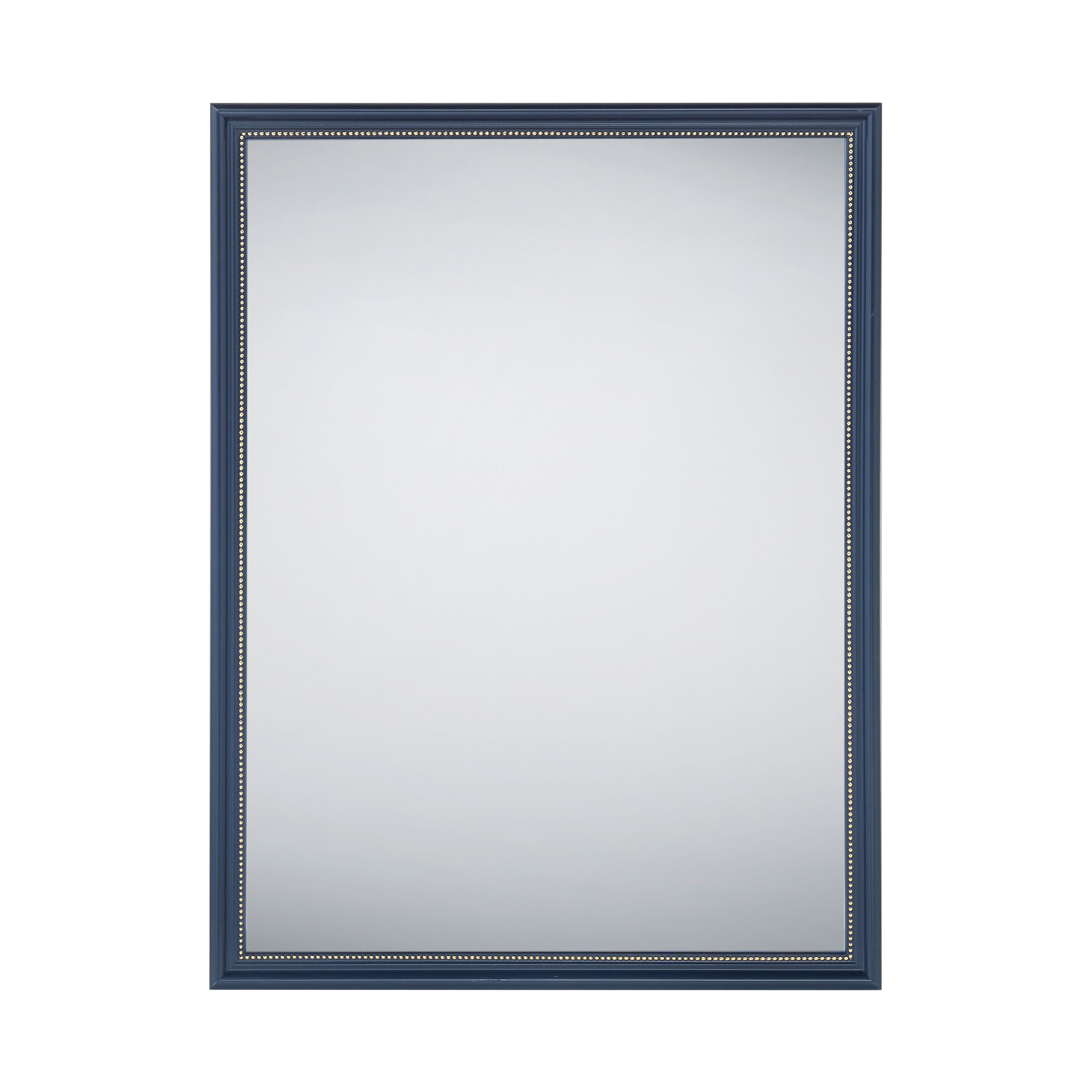 Spiegel Nadine in Schwarz, freigestellt in einer zweiten Gesamtansicht; zu sehen ist die rechteckige Spiegelfläche mit schmalem Rahmen und Zierkante; Maße ca. 34 x 45 x 1 cm.