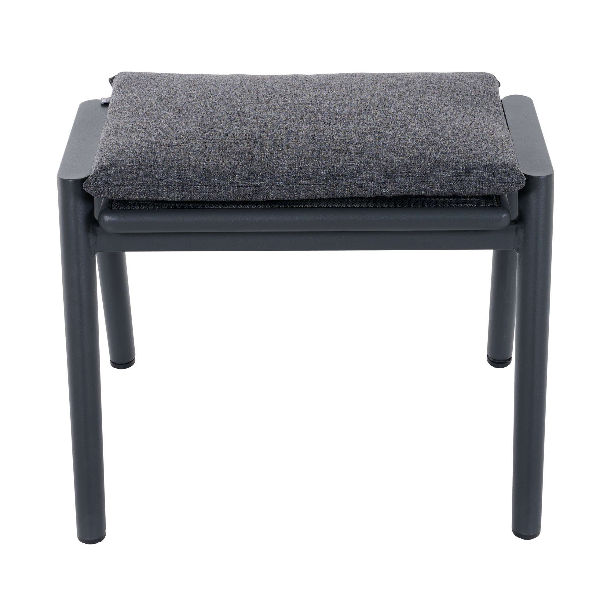 Dunkelgrauer Hocker mit Polsterauflage und stabilem Aluminiumgestell, frontal fotografiert
