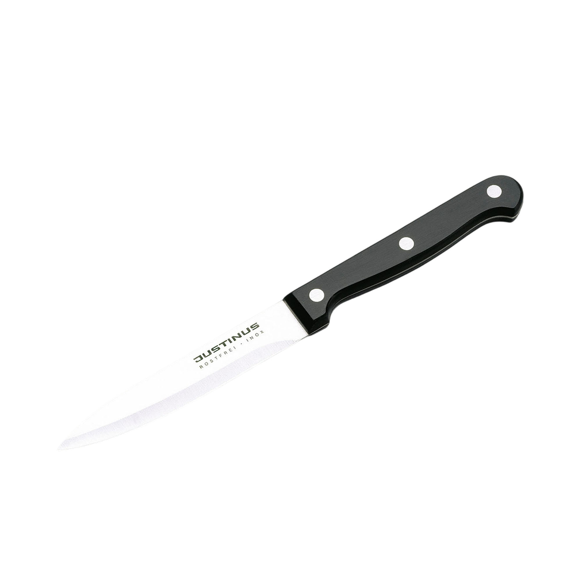 Allzweckmesser Küchenchef: schmales Allzweckmesser mit heller Klinge und schwarzem dreifach vernietetem Griff, diagonal freigestellt.