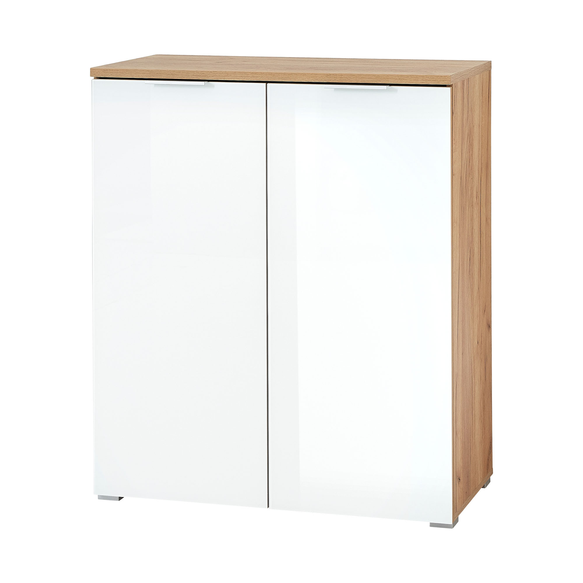 Weißer Schuhschrank mit Holzseitenteilen und Oberplatte in Holzoptik