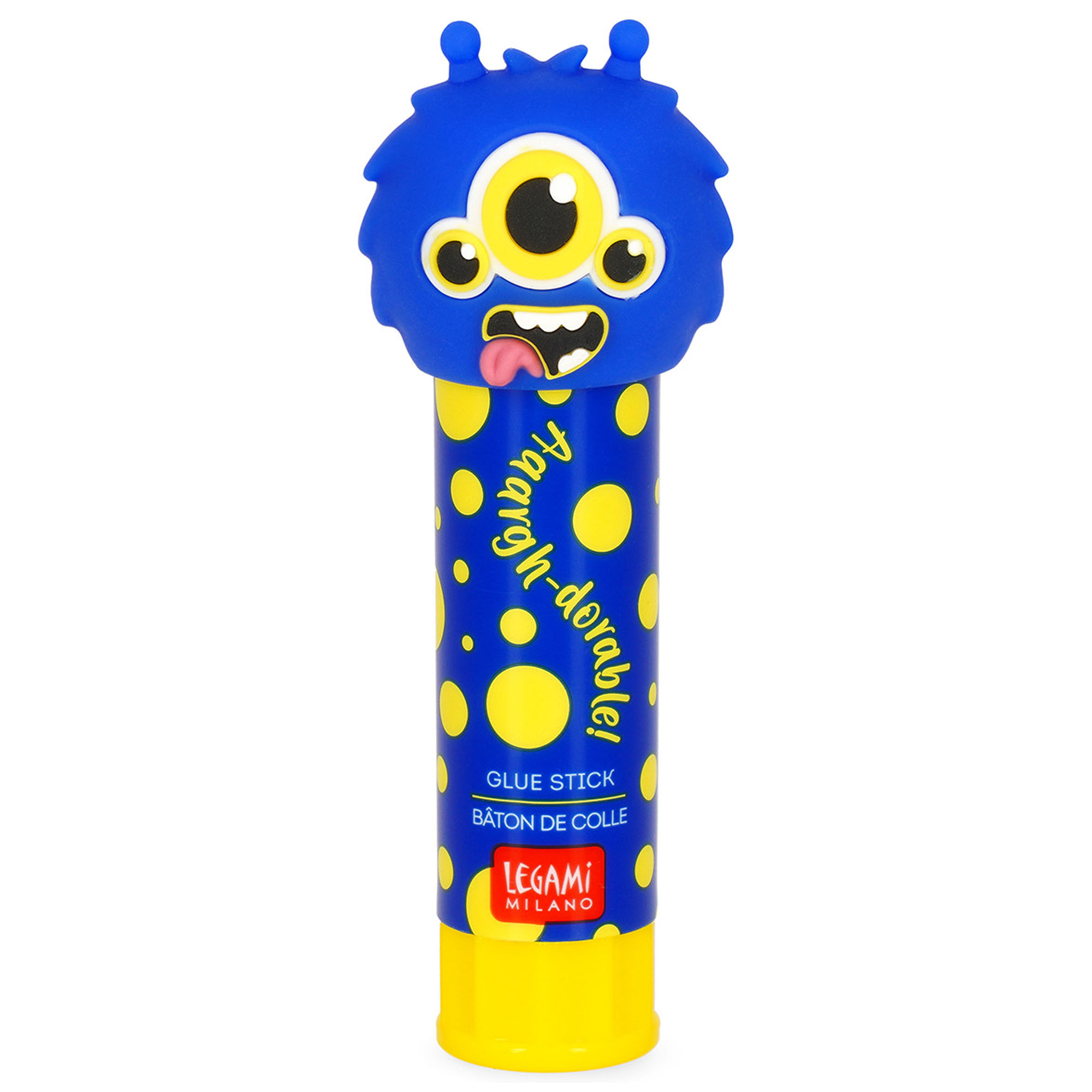 Blauer Klebestift mit Monster-Kappe, senkrecht mit dekorativer Tierkappe frontal dargestellt.
