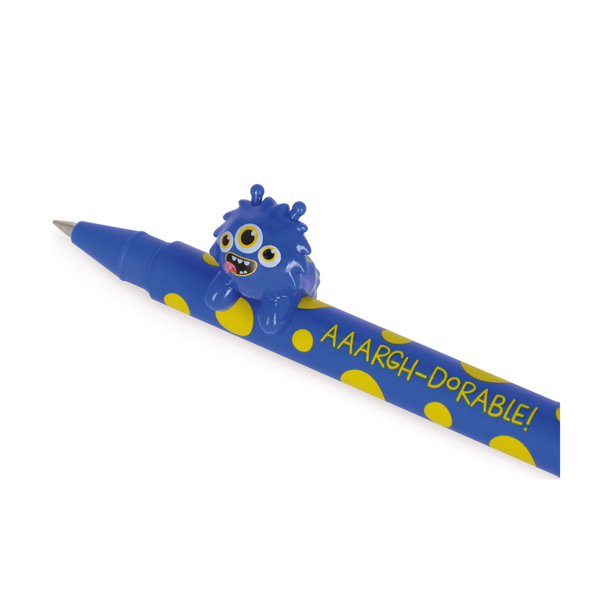 Blauer Gelstift mit Monster-Aufsatz, in Nahaufnahme mit Schreibspitze und Tieraufsatz gezeigt.