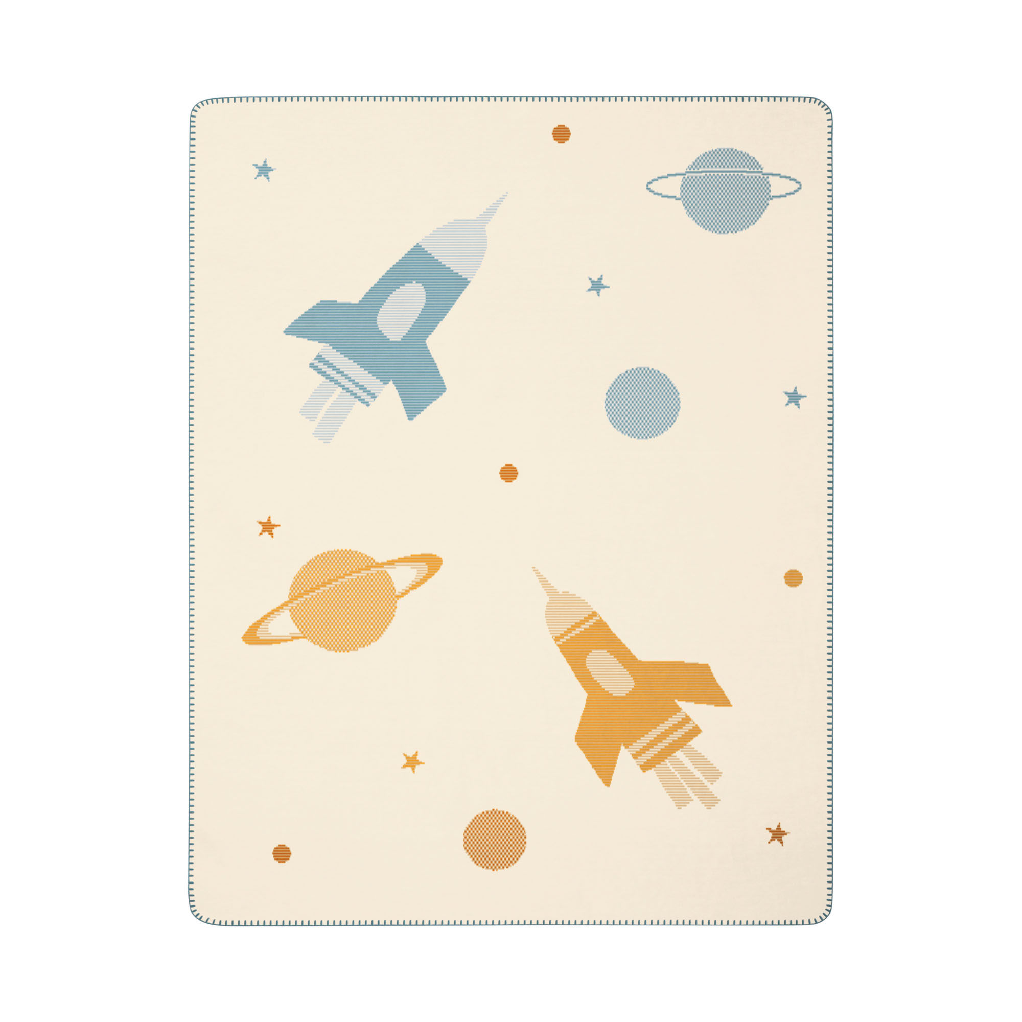 Babydecke Orbit in Creme mit blauen und orangefarbenen Raketen, Planeten und kleinen Sternen.