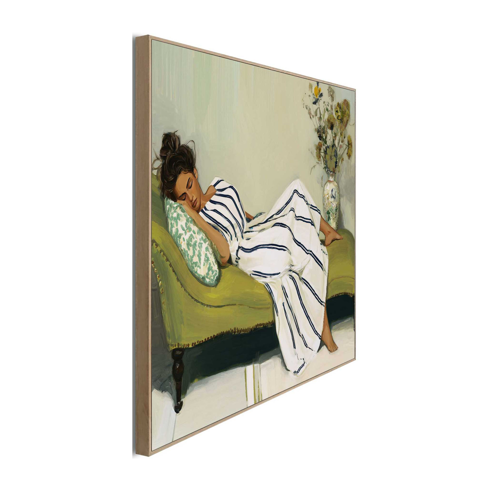 Seitliche Schrägansicht des Wandbilds „Napping Beauty“, 40 × 50 cm; Profil, Kante und Tiefe des Bildes sind erkennbar.