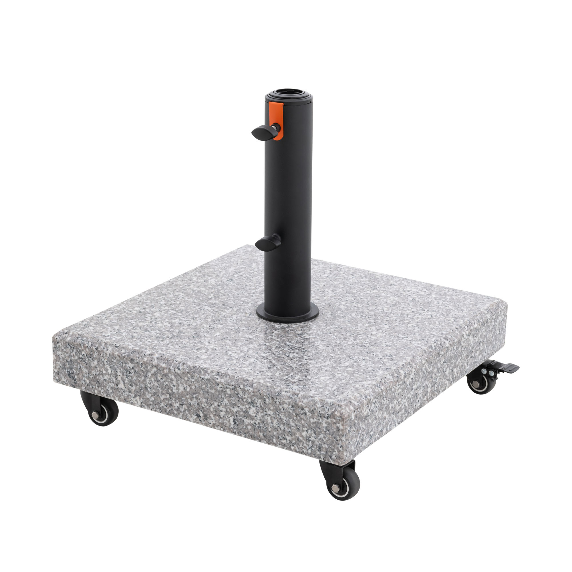 Quadratischer Granit-Schirmständer mit stabilem Stahlrohr und vier leichtgängigen Rollen, ideal für große Sonnenschirme.
