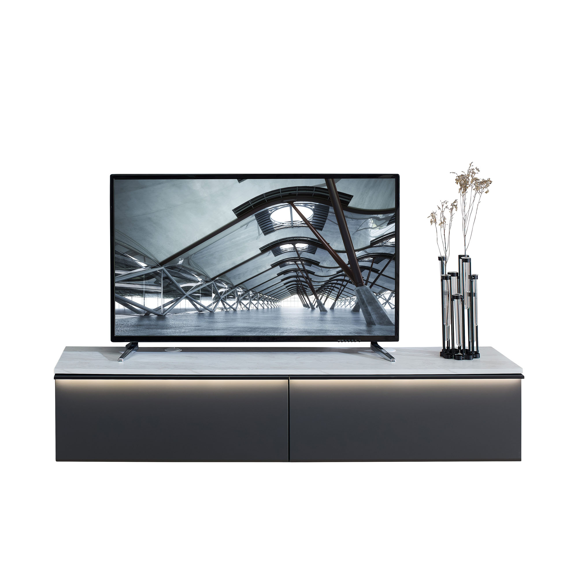 Schwebendes TV-Lowboard in Anthrazit mit Abdeckplatte in Marmoroptik und integrierter LED-Beleuchtung.