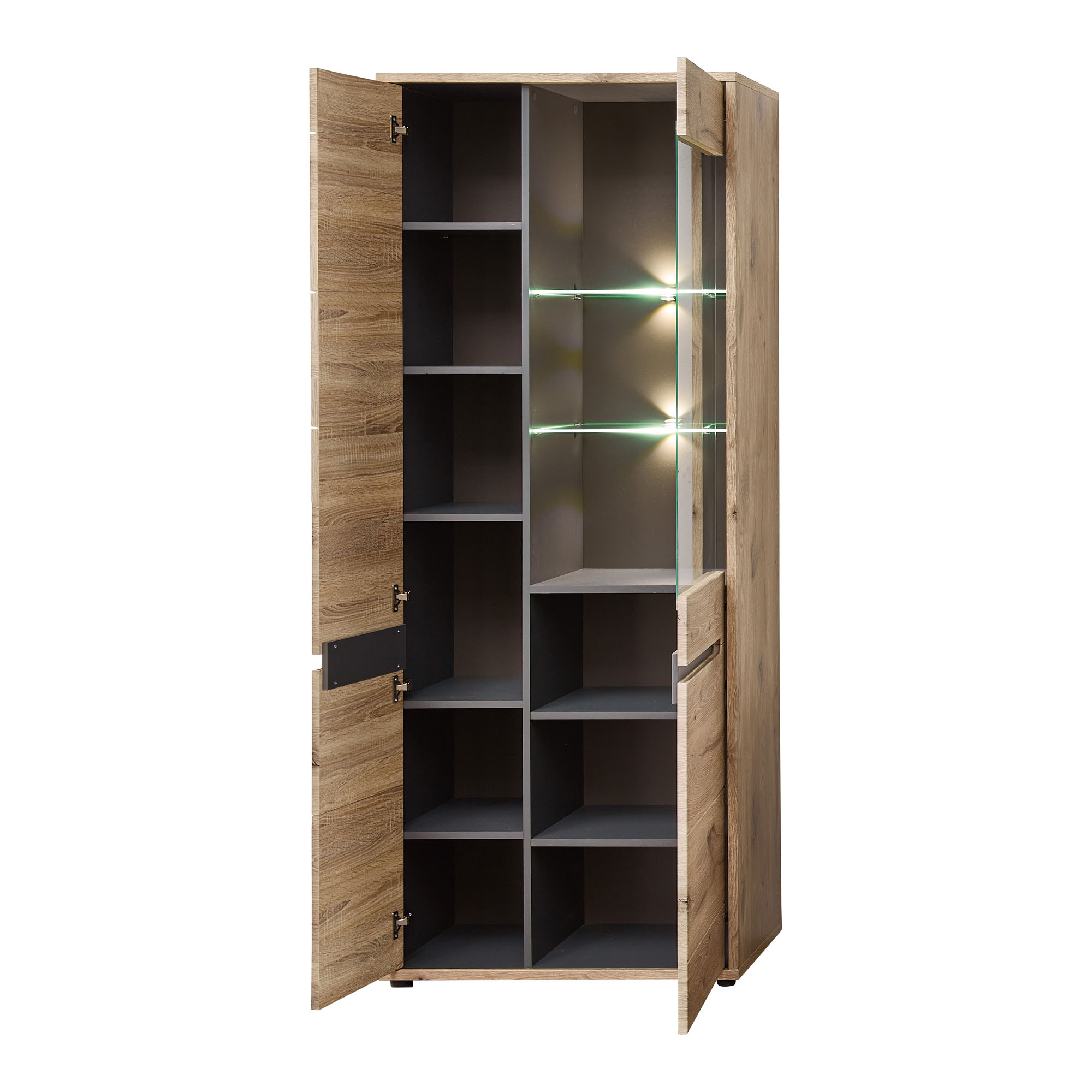 Die Vitrine steht offen. Innen sind mehrere gleich große Regalfächer und zwei beleuchtete Glasböden sichtbar.