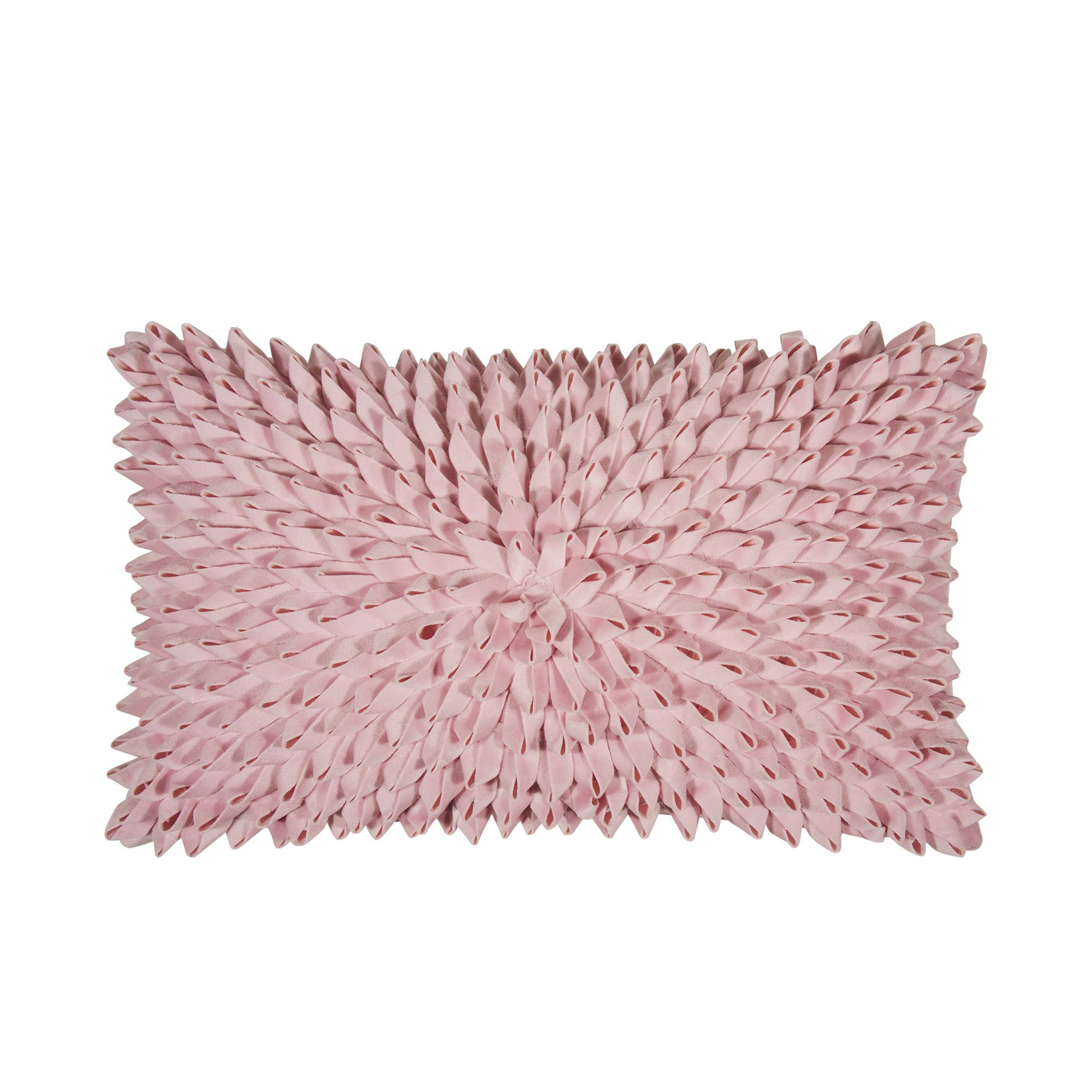 Roséfarbene Kissenhülle Sentiment, 30 × 50 cm, mit dicht gesetzten dreidimensionalen Stoffelementen in Blütenoptik.