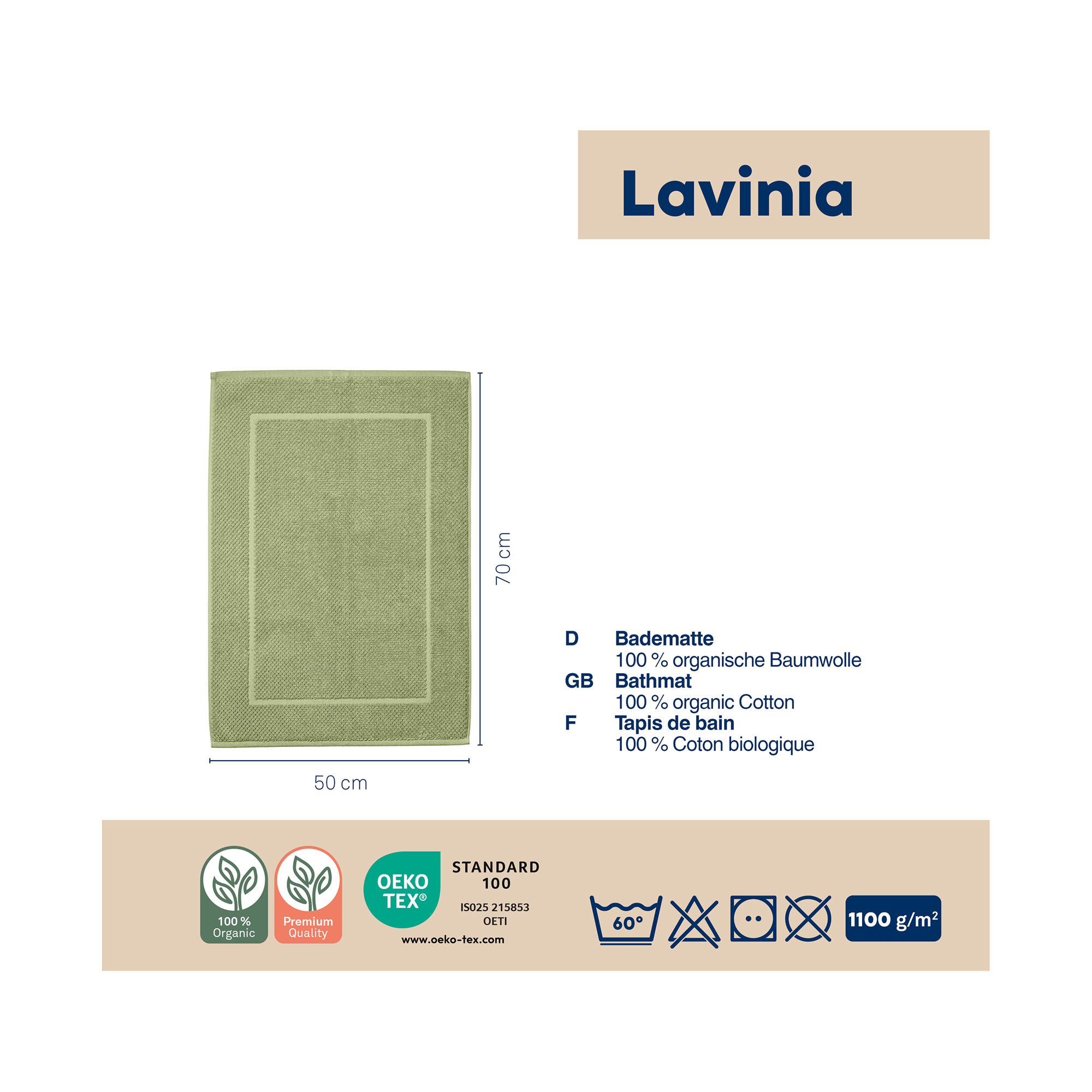 Informationsgrafik mit Badvorleger Lavinio in Pistaziengrün und ergänzenden Angaben zu Material und Produkteigenschaften