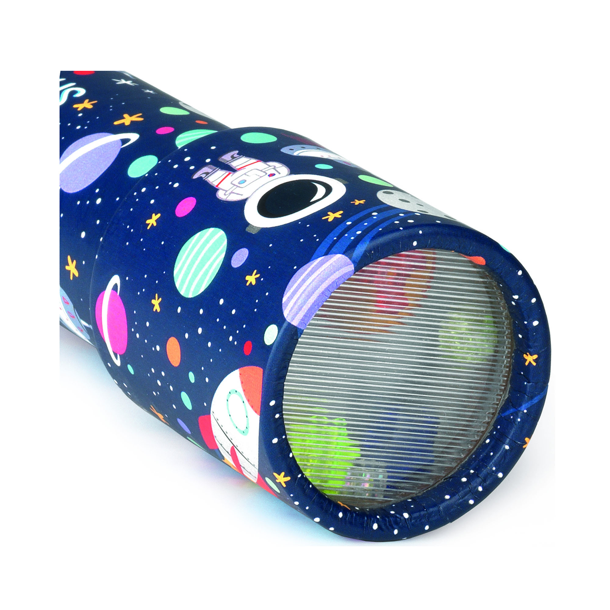 Blaues Kaleidoskop mit Weltraummotiv, in Nahaufnahme mit der runden transparenten Linse dargestellt.