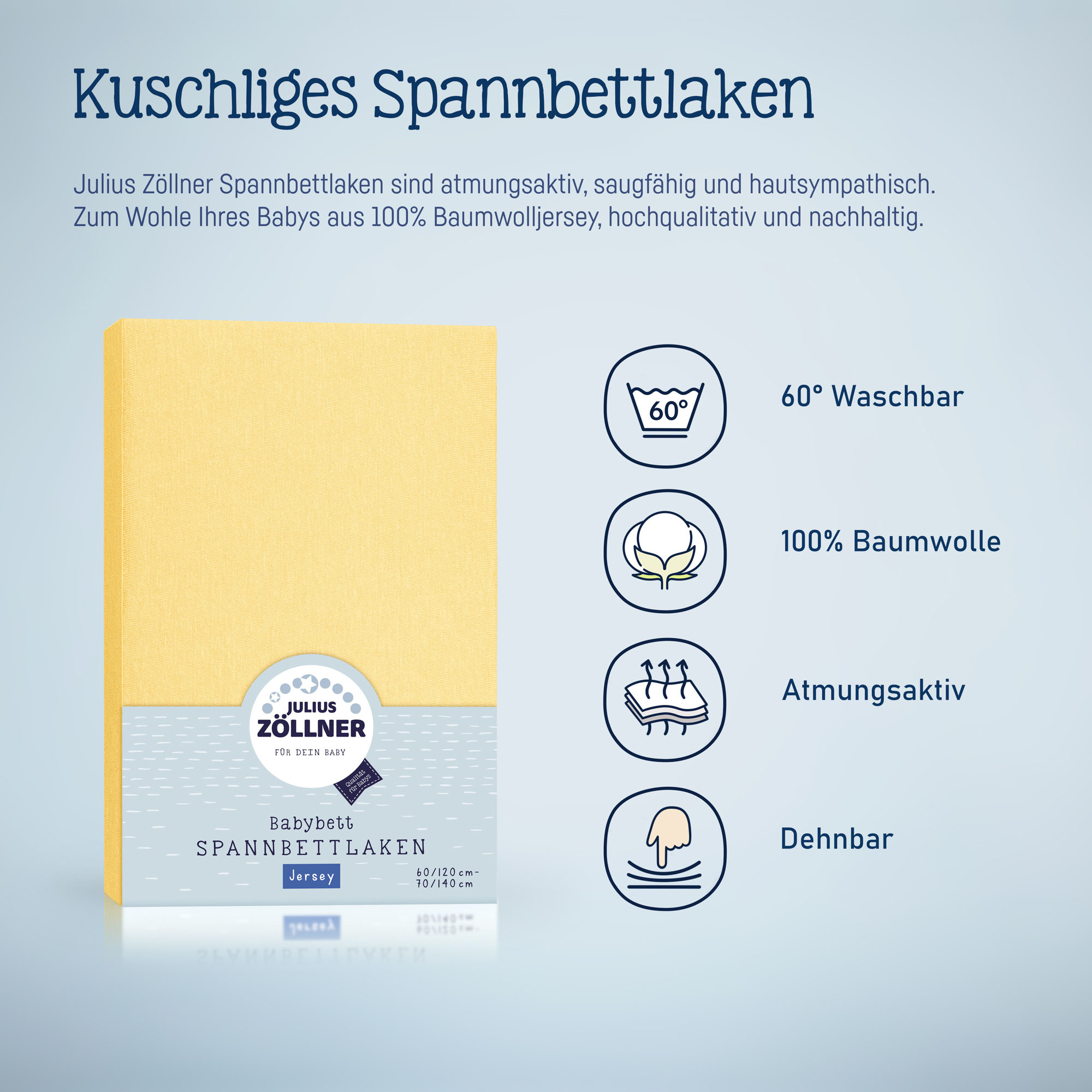 Gelbes Spannbettlaken mit Symbolgrafiken zu Waschtemperatur, Baumwolle, Atmungsaktivität und Dehnbarkeit