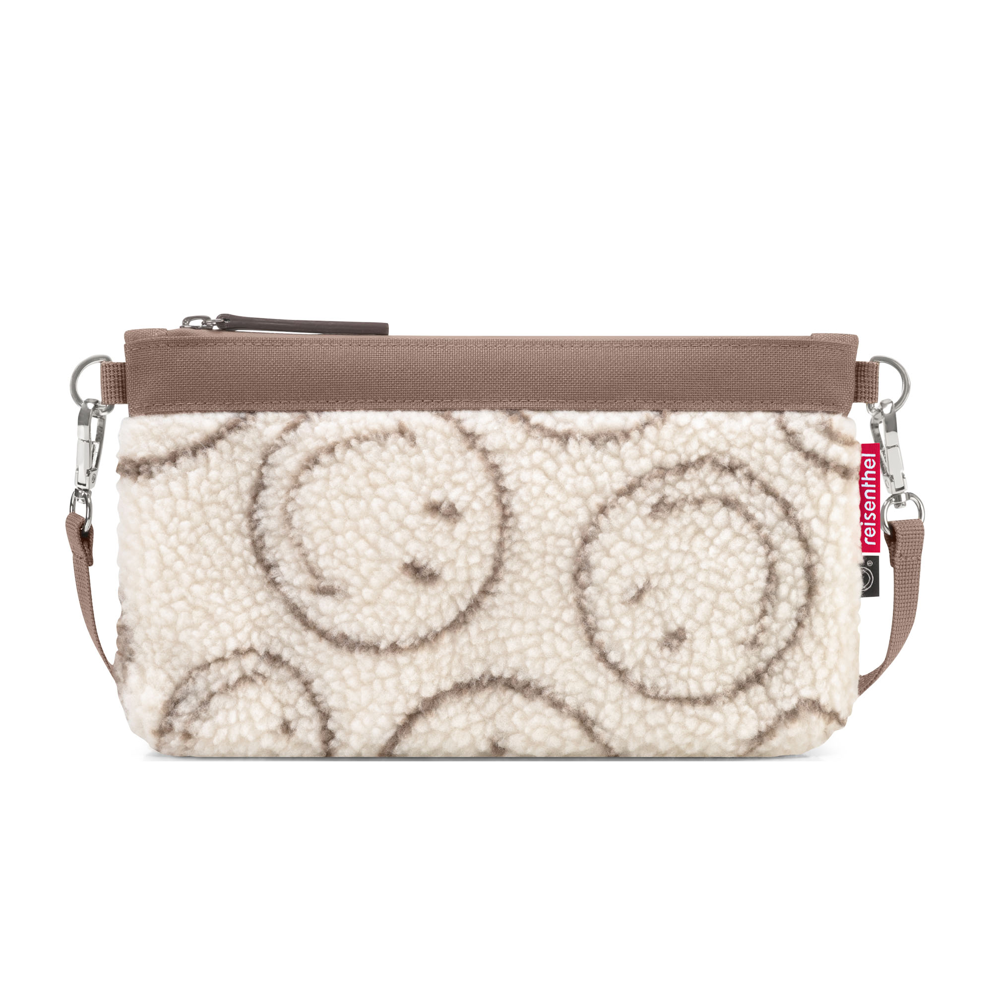 Kleine Umhängetasche von Reisenthel, Modell Mini Pouch, in Creme und Braun mit Smiley-Muster aus Teddyfleece, von hinten mit Schultergurt