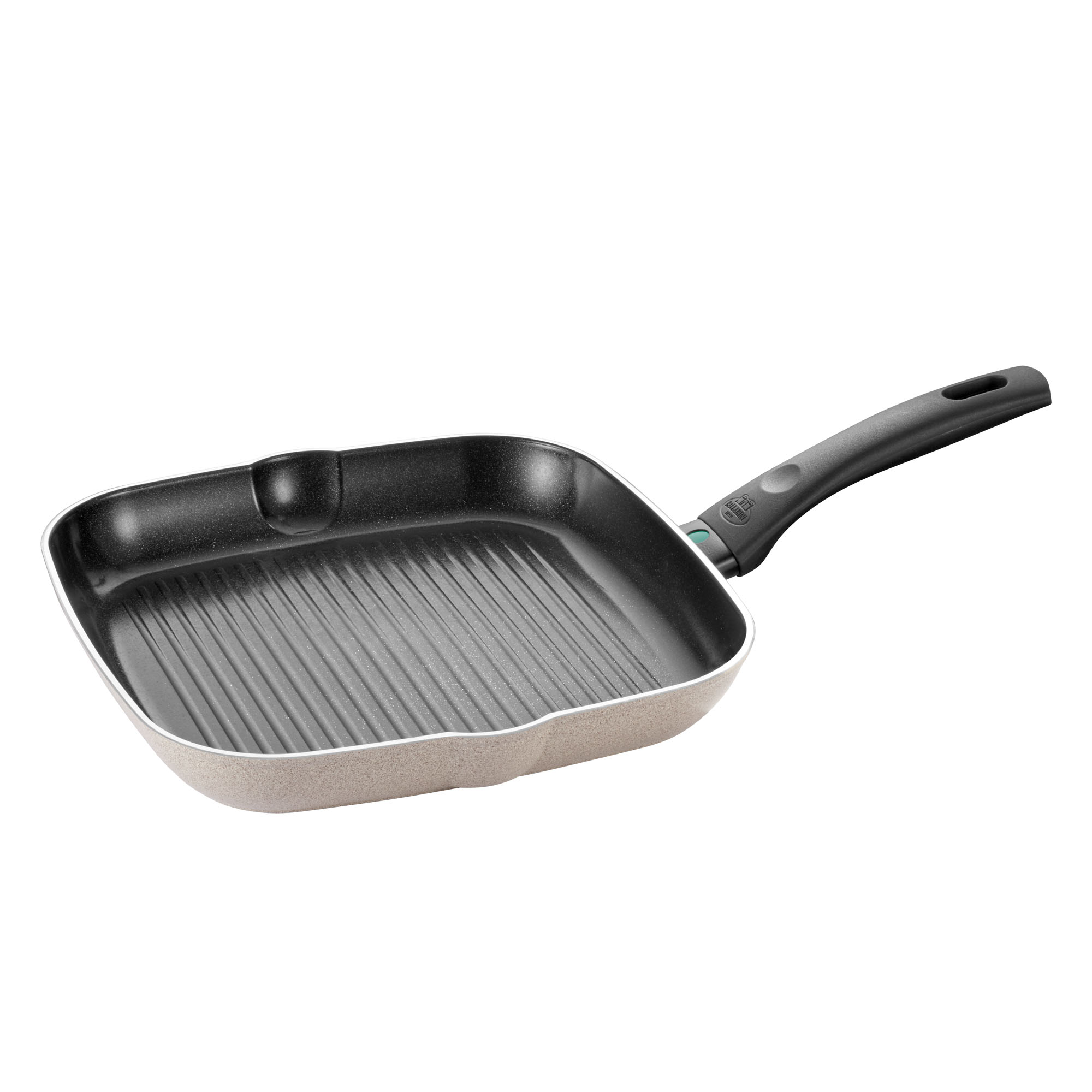 Quadratische Grillpfanne mit geriffelter Bratfläche und Griff, Serie Ledro von Ballarini, in Beige, Ø 28 cm, freigestellt auf weißem Hintergrund.