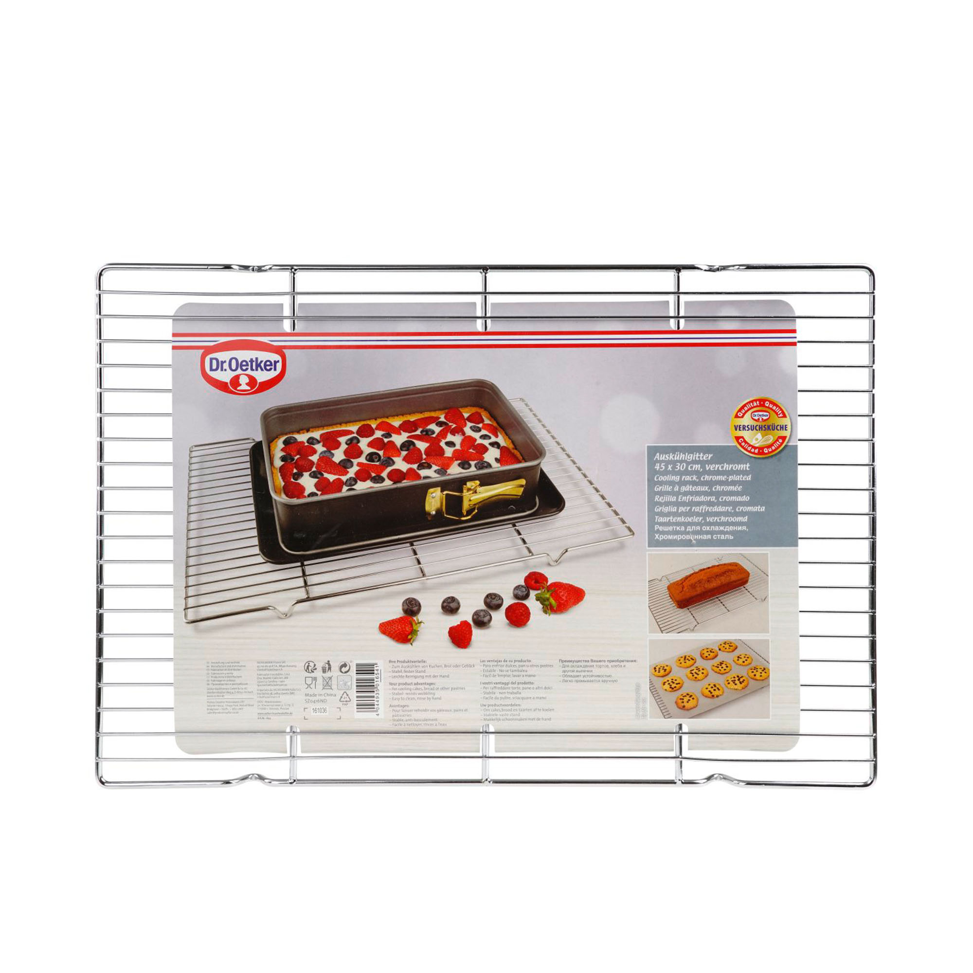 Rechteckiges Kuchengitter von Dr Oetker mit Produktverpackung und Anwendungsbeispielen