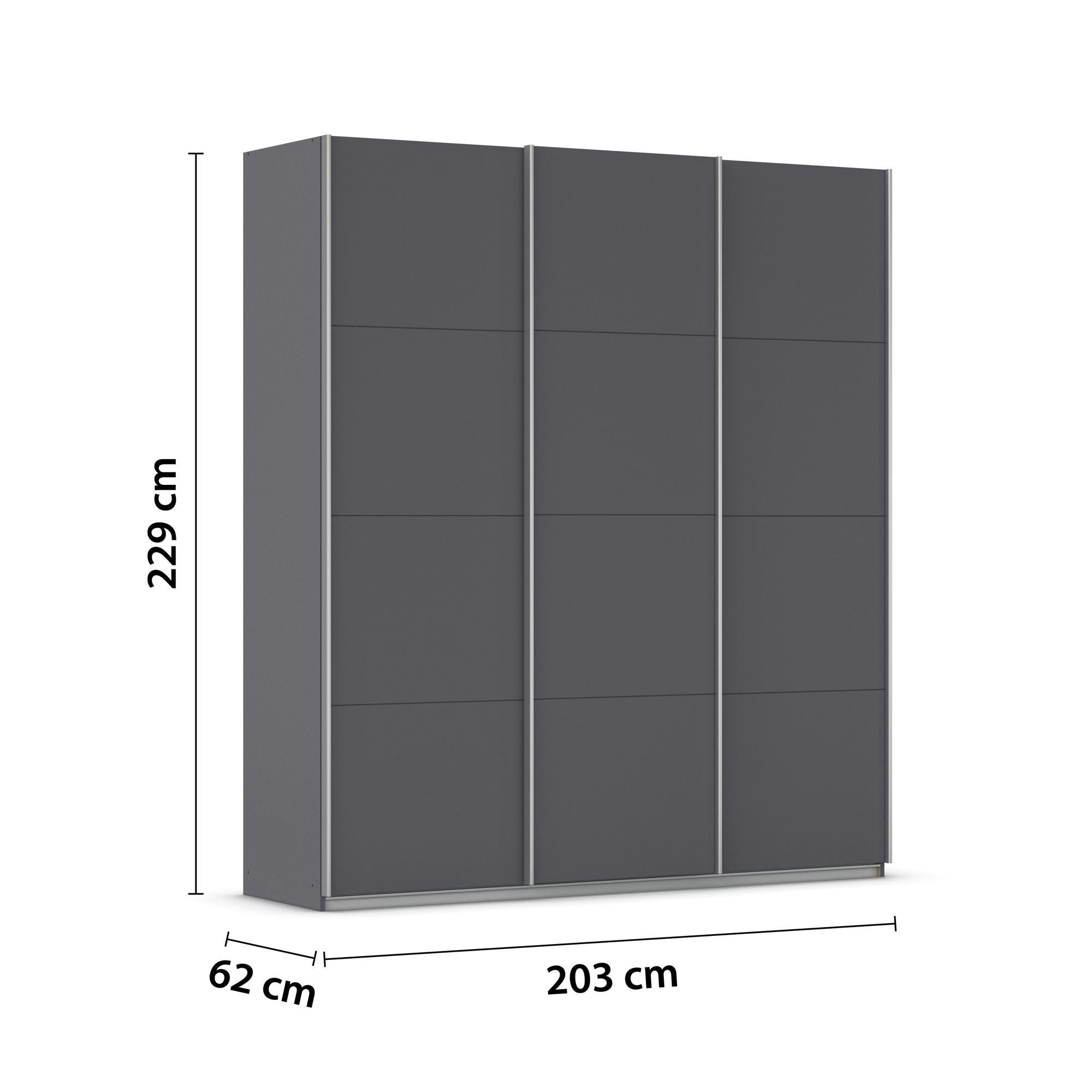Grau-Metallicer Kleiderschrank mit eingezeichneten Maßen Höhe 229 cm Breite 203 cm Tiefe 62 cm