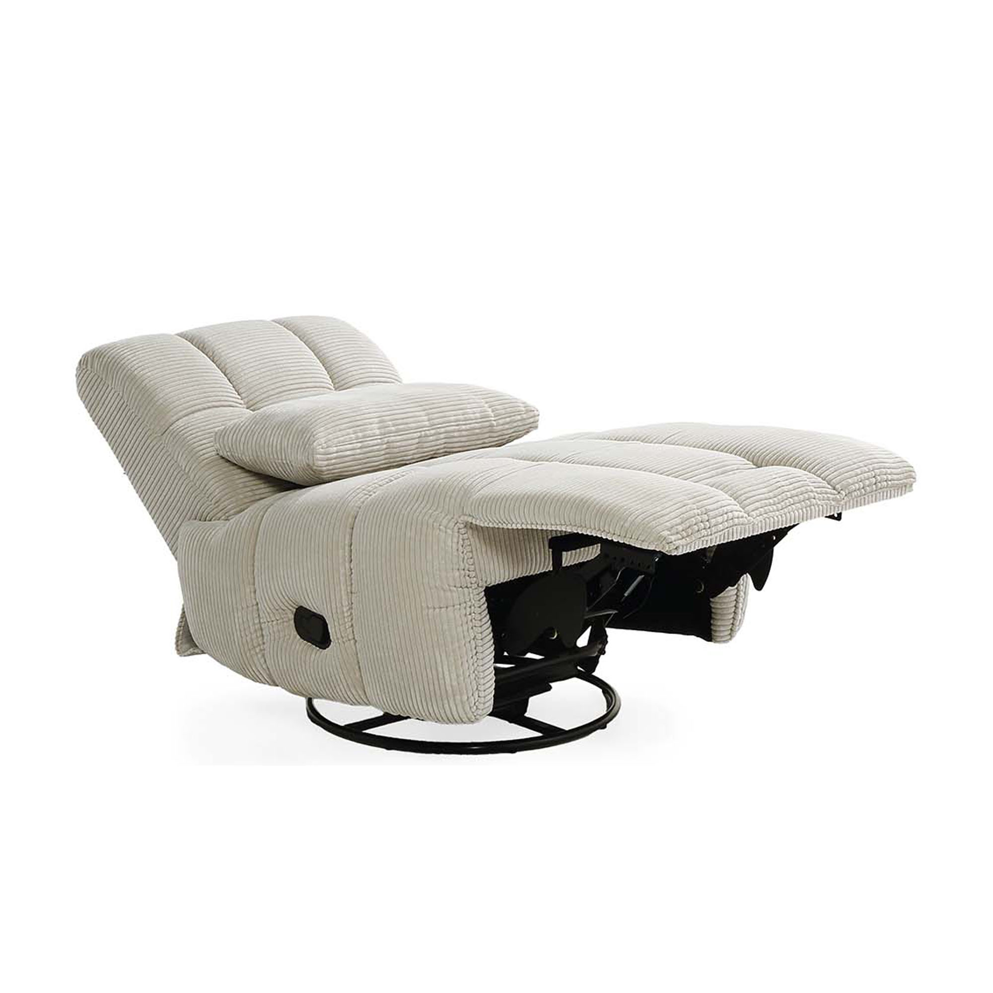 Moderner Liegesessel in beige mit Cordbezug, Relaxfunktion und stabilem Drehteller für flexible Positionen.