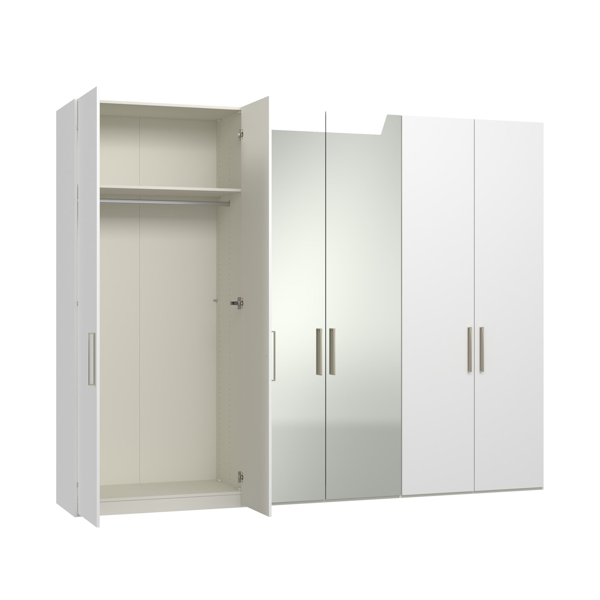 Drehtürenschrank mit geöffneter linker Tür und sichtbarem Innenraum mit Fachboden und Kleiderstange