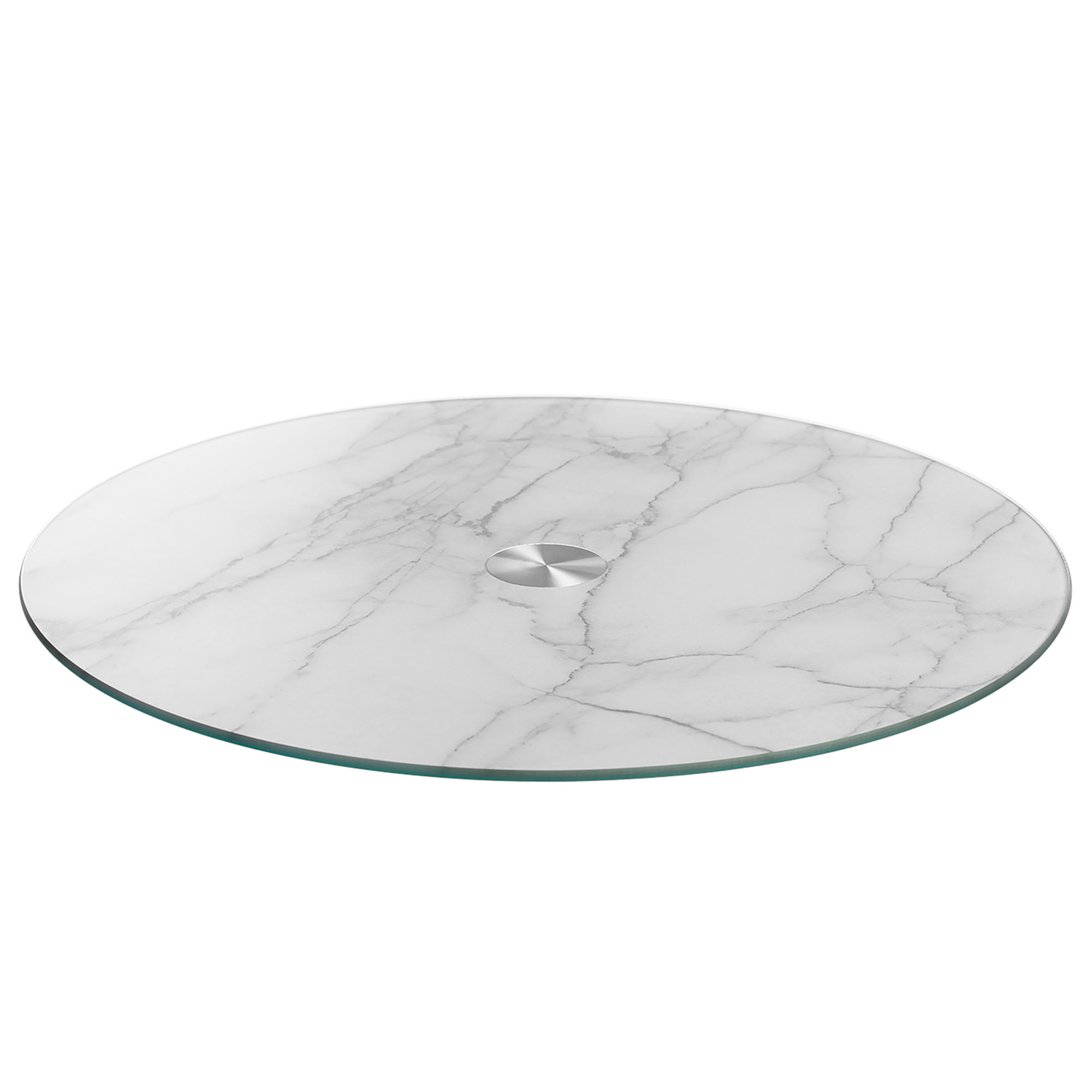 Runde Servierplatte aus Glas mit weißer Marmoroptik freigestellt