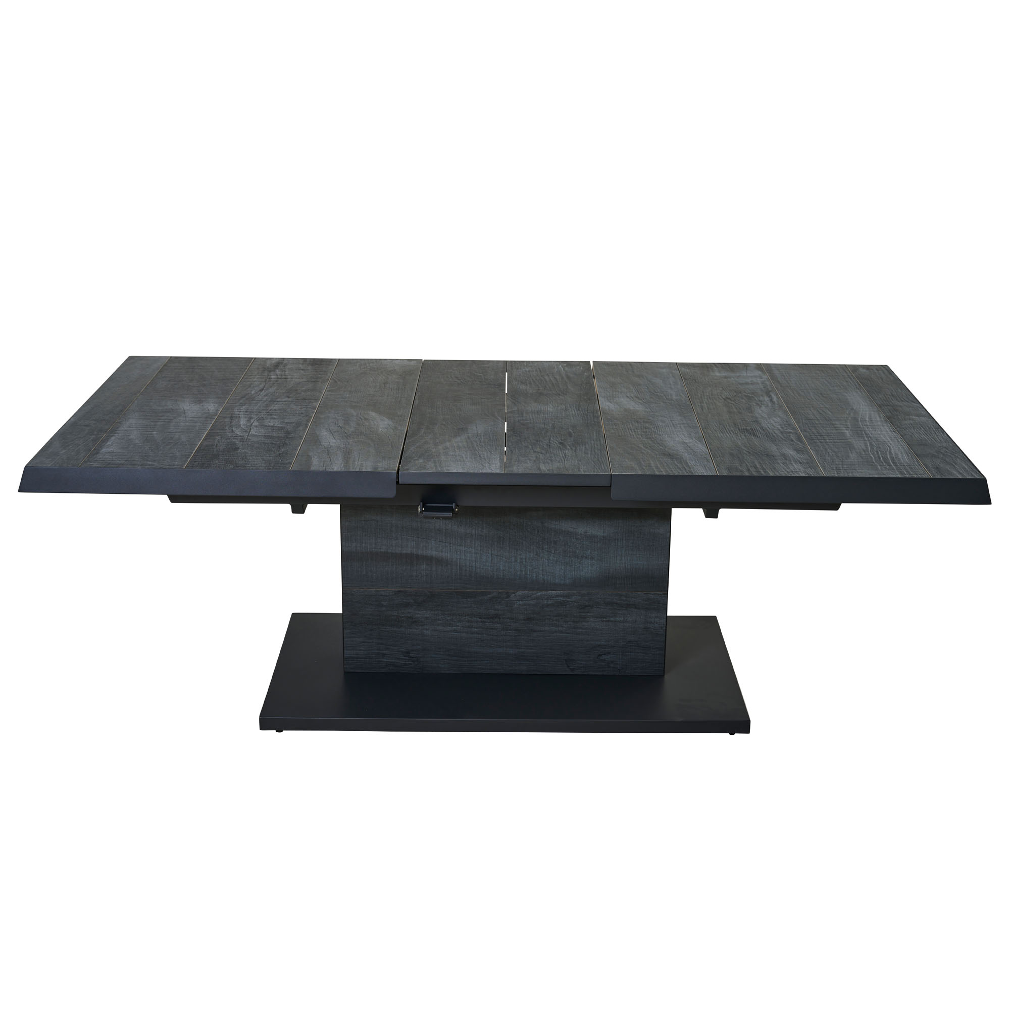 Tisch von vorne, die Holzplatte wirkt leicht auseinandergezogen, Mittelsäule und Bodenplatte sichtbar.
