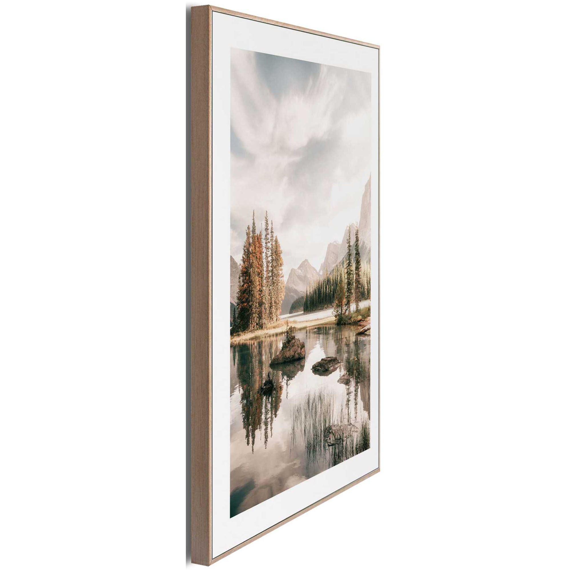 Seitliche Schrägansicht des Wandbilds „Spirit Island“, 30 × 40 cm; Profil, Kante und Tiefe des Bildes sind erkennbar.