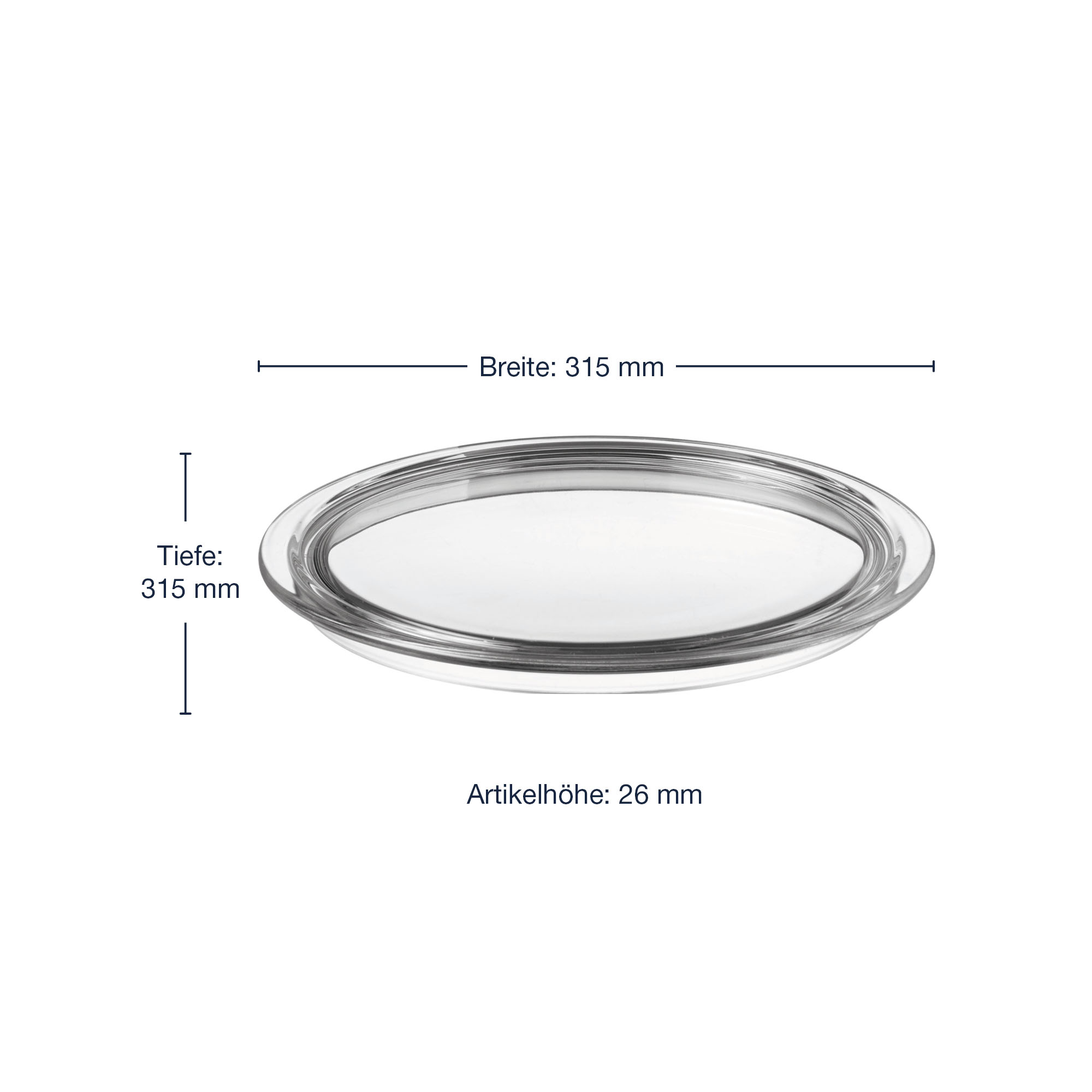 Runde Glasplatte aus klarem Glas mit 315 mm Breite Tiefe und 26 mm Höhe