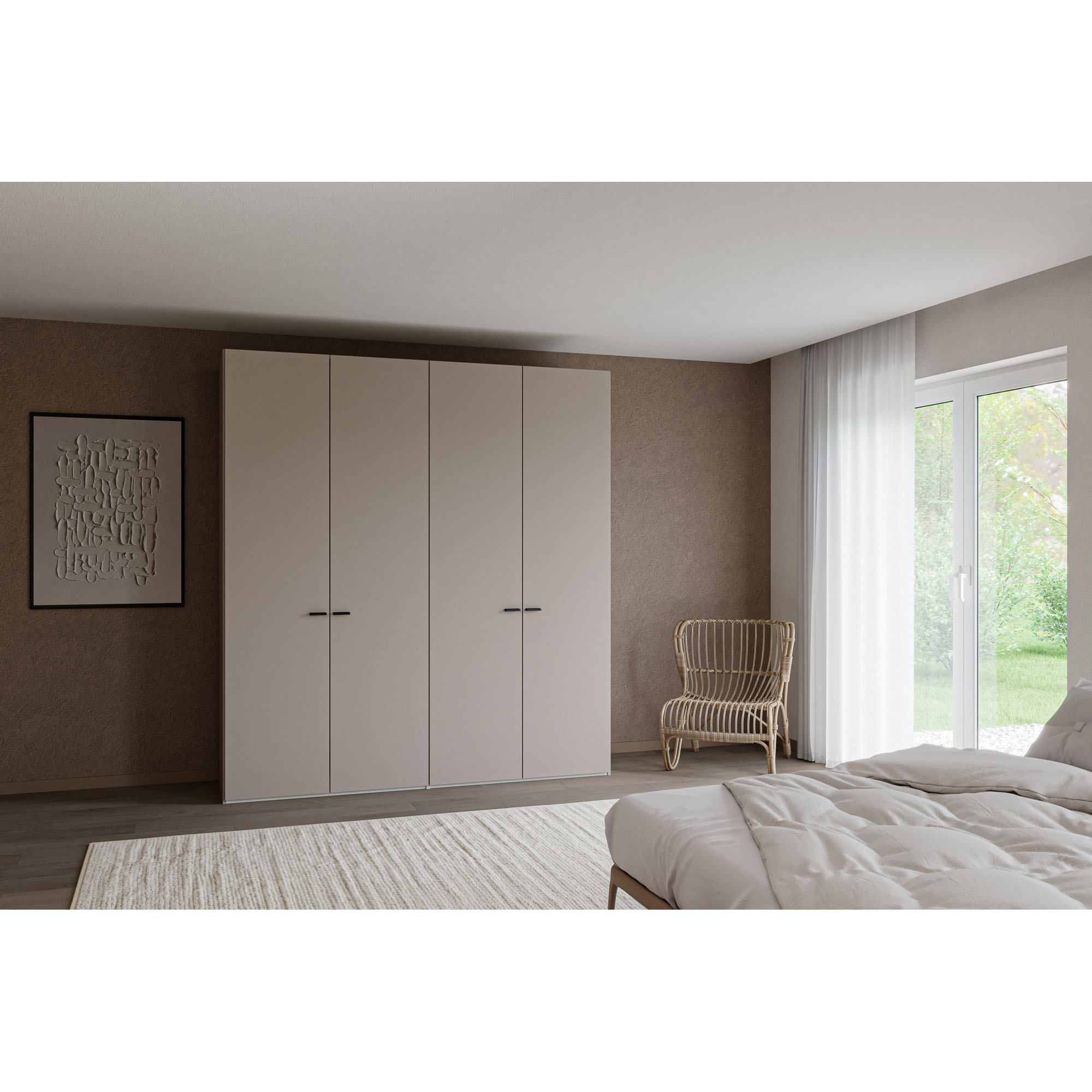 Kleiderschrank mit vier Drehtüren in einem Schlafzimmer neben einem Bett