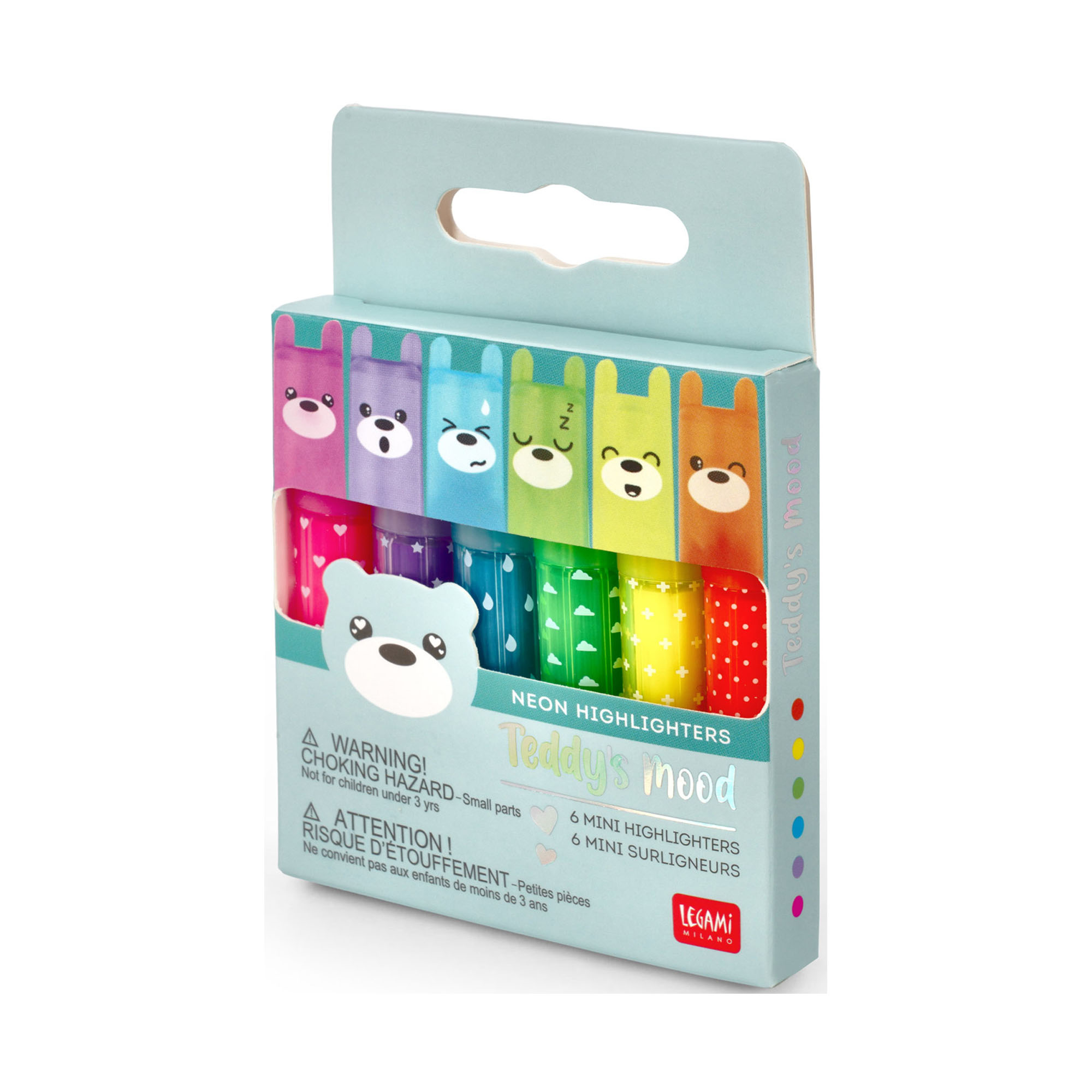 Sechs Mini-Textmarker mit farbigen Stimmungsbegriffen, in einer transparenten Kartonverpackung abgebildet.