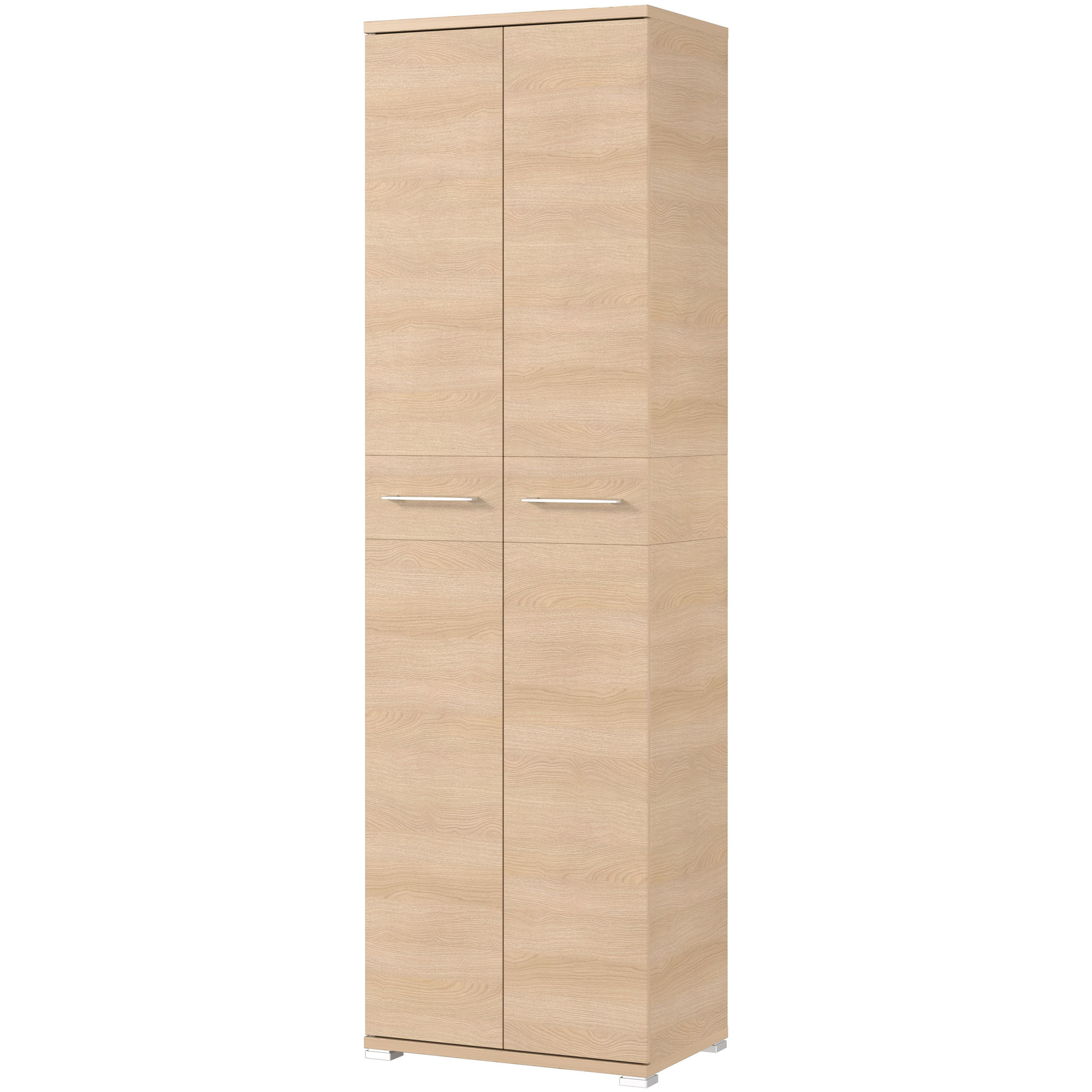 Hoher Schrank mit zwei Türen und schlichten Griffen in heller Holzoptik