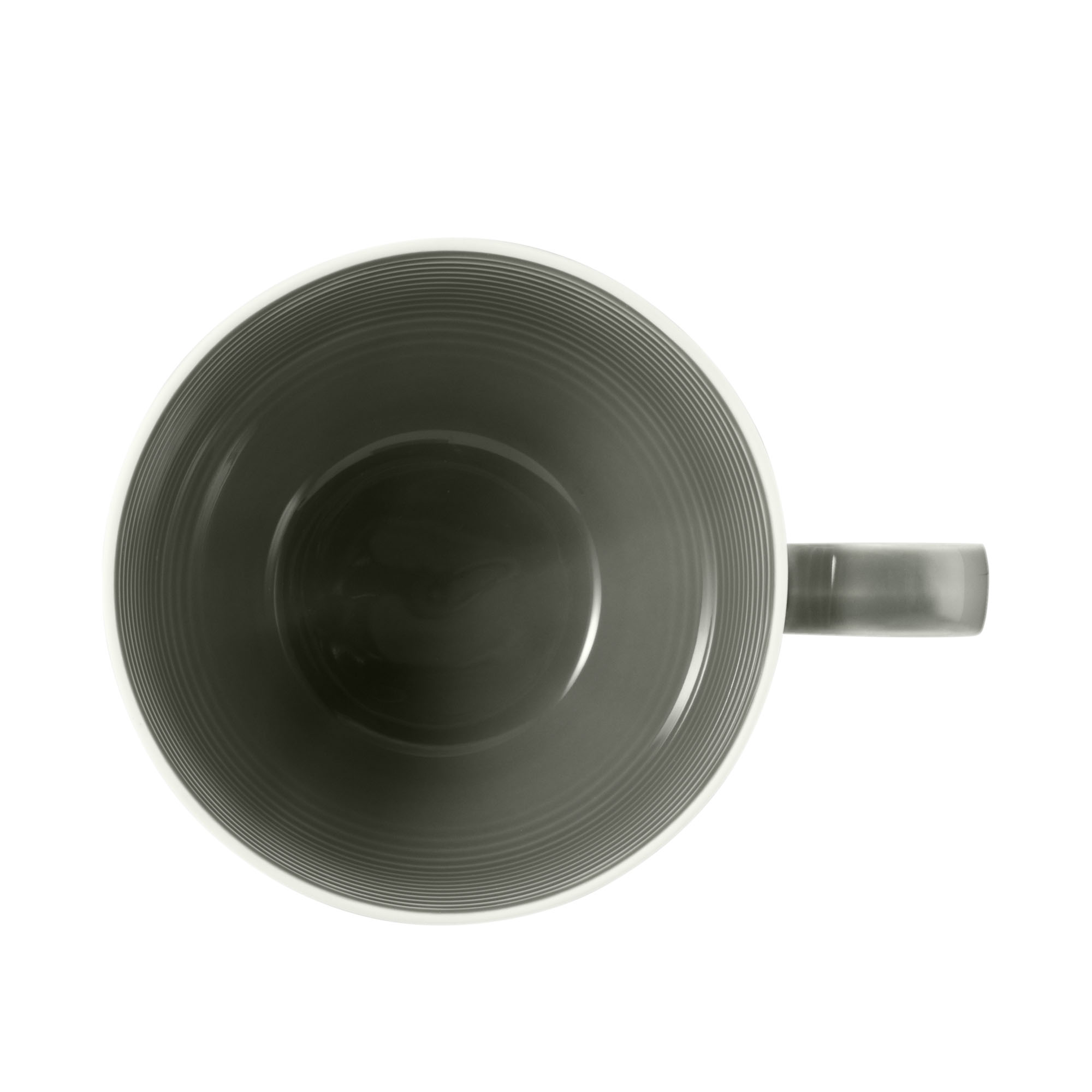 Tasse in Dunkelgrau. Sichtbare Merkmale: bauchig mit waagerechter Rillenstruktur und Henkel. Darstellung: Draufsicht.