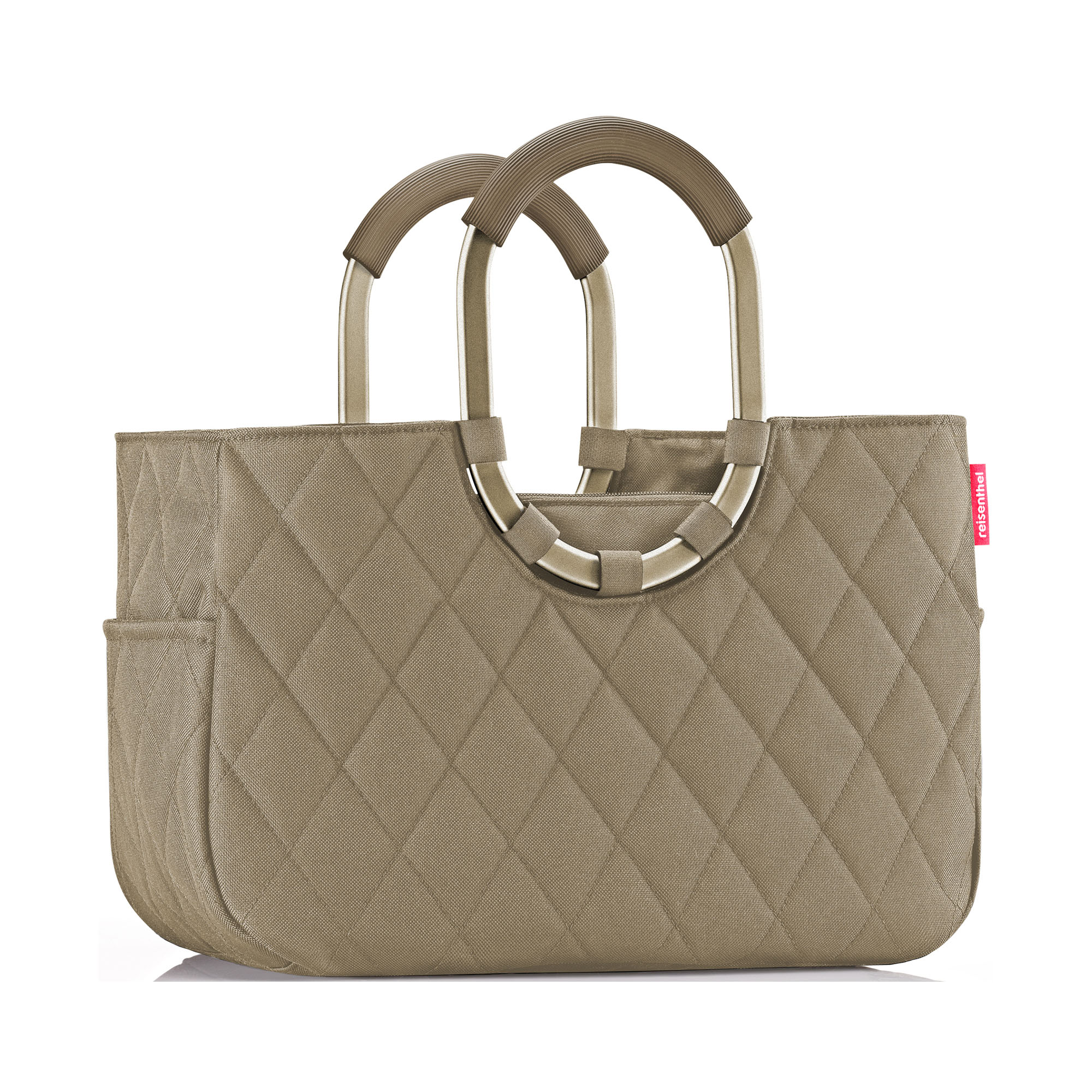 Shopper von Reisenthel, Modell Loopshopper M, in Olivbeige mit Rautensteppung und hellen Rahmendetails, frontal mit zwei ovalen Ringgriffen.